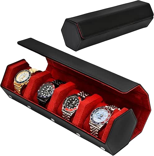 Leather Watch Roll for 4 Watches - Velvet-Lined Travel Case,