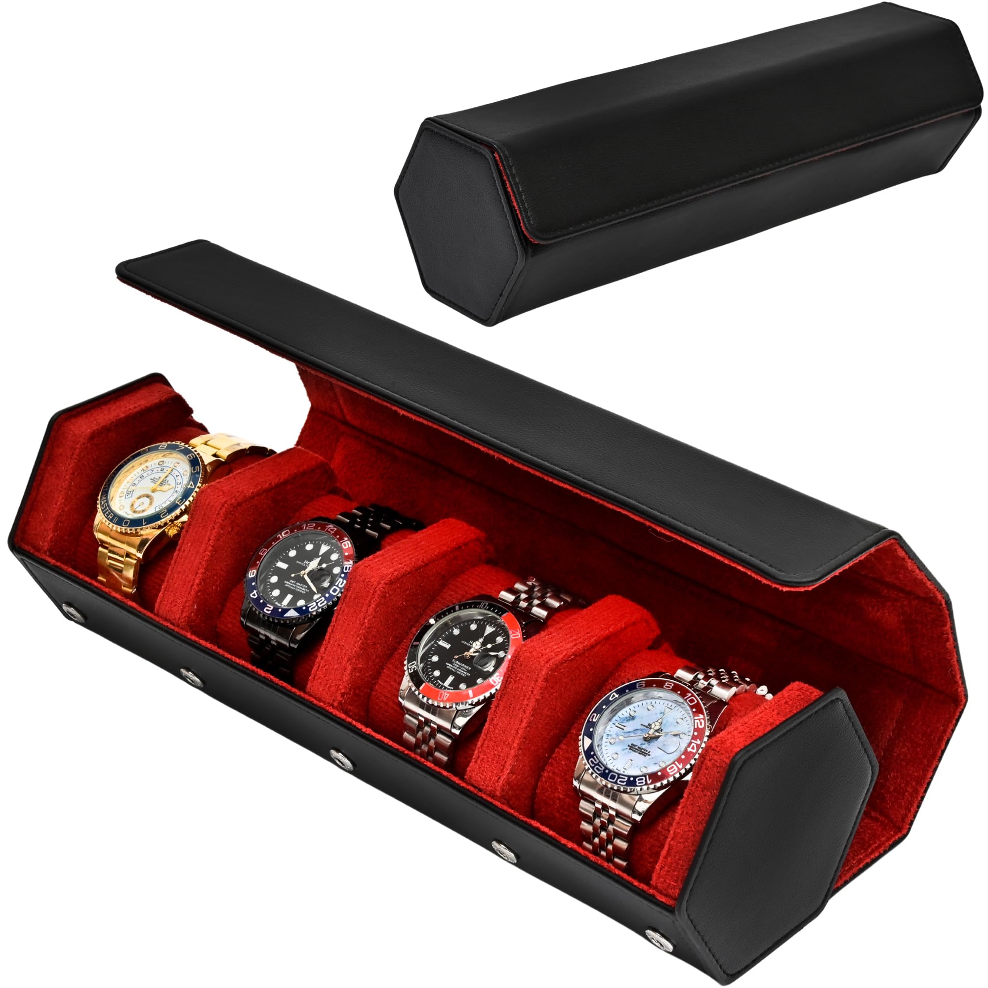 Rollo de reloj de cuero para 4 relojes, funda de viaje forrada de terciopelo, organizador de rollos de reloj de lujo con almacenamiento y exhibición para hombres (4 ranuras, negro/rojo)