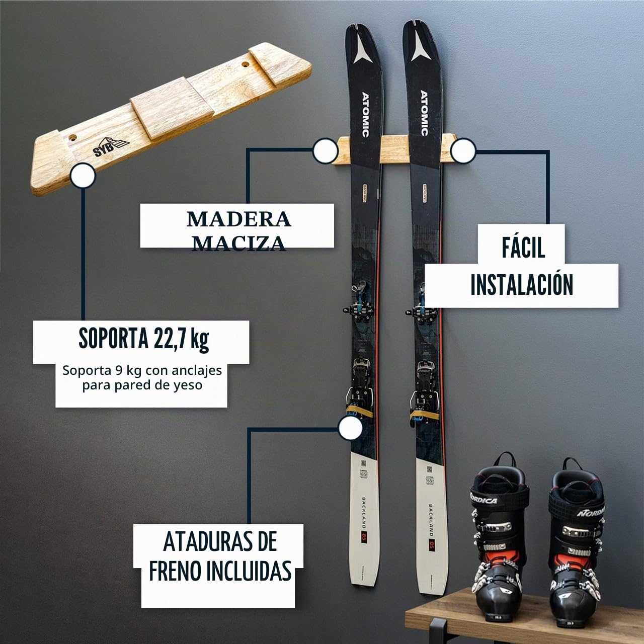 StoreYourBoard Estante minimalista de madera para esquís, soporte de exhibición de montaje en pared, madera maciza con capacidad para 50 libras