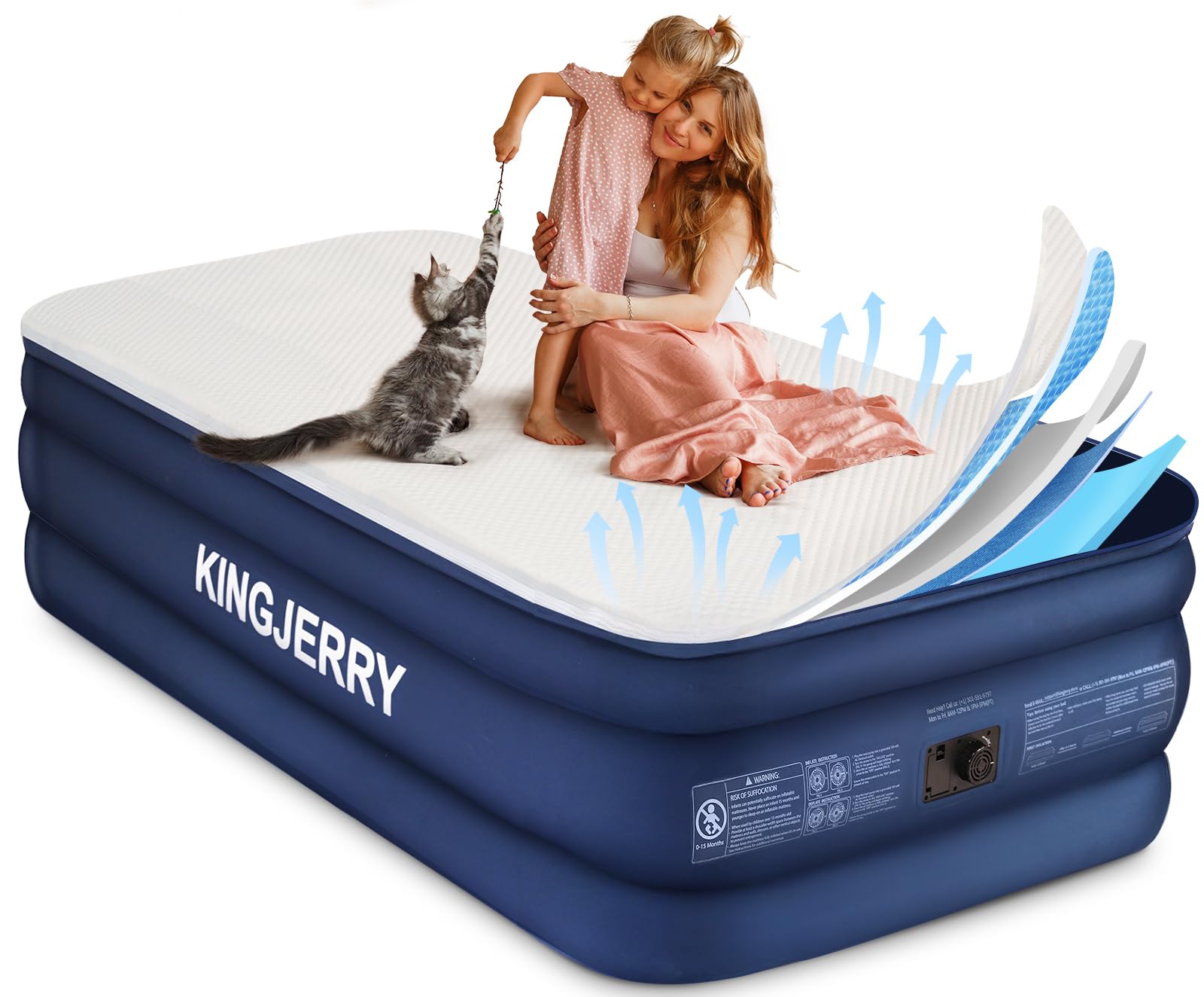 KINGJERRY Twin XL Air Mattress with Built-in Pump Foam Topper