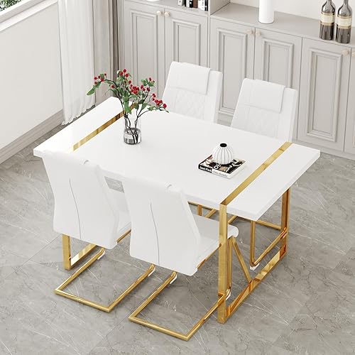 Miniatura 2 de Juego de mesa de comedor moderna de 55 pulgadas para 4, mesa de comedor blanca y marco de metal dorado, mesa de comedor rectangular con 4 sillas de