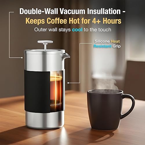 Miniatura 6 de JennLee Cafetera de prensa francesa, portátil de acero inoxidable con aislamiento de doble pared, cafetera y tetera francesa, perfecta para el