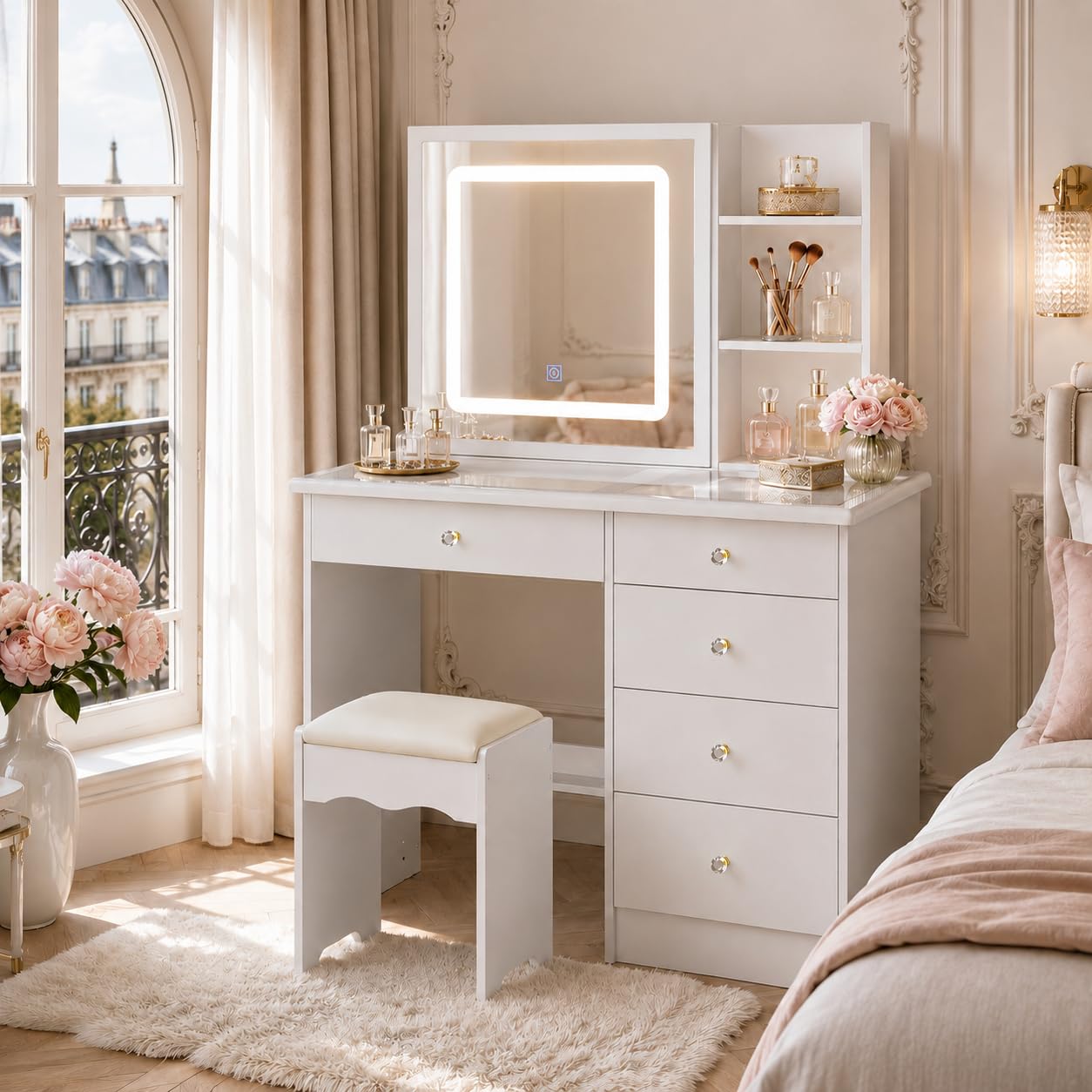 Tavolo da Toeletta Con Grande Piano in Vetro, Illuminazione a 3 Colori, Specchio e Sgabello - 5 Cassetti e 4 Ripiani - Bianco