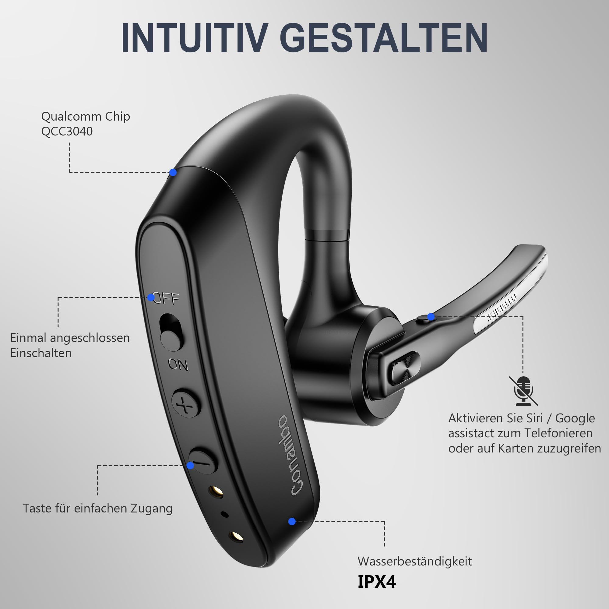Conambo Auricolare Bluetooth senza fili V5.２, K10C Auricolare Bluetooth monofonico con cancellazione del rumore CVC 8.0 e ENC per la guida e il lavoro, 16 ore di conversazione