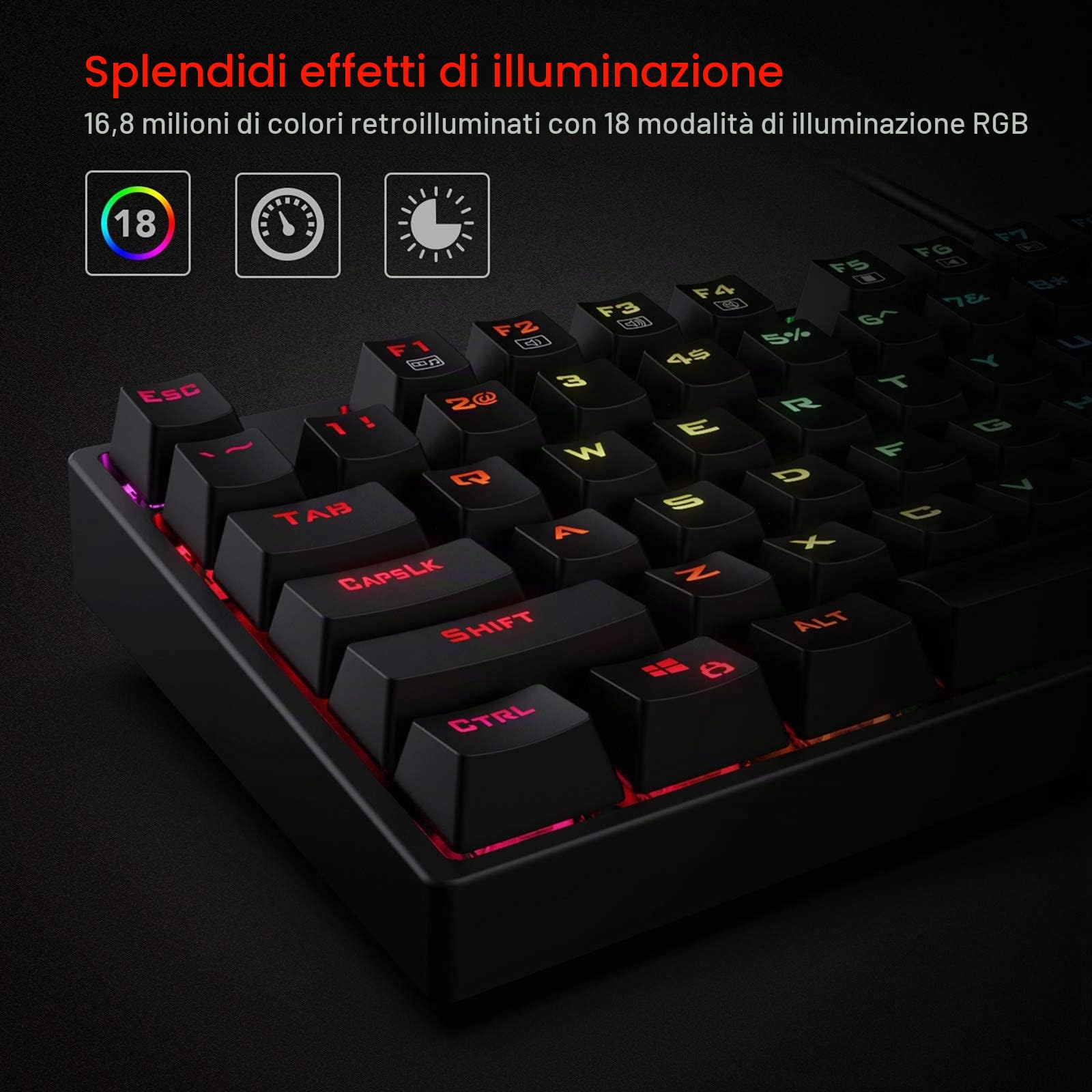 Redragon K582-US SURARA Tastiera da gioco meccanica QWERTY retroilluminata a LED RGB con 104 tasti, layout americano (interruttore rosso - layout americano)