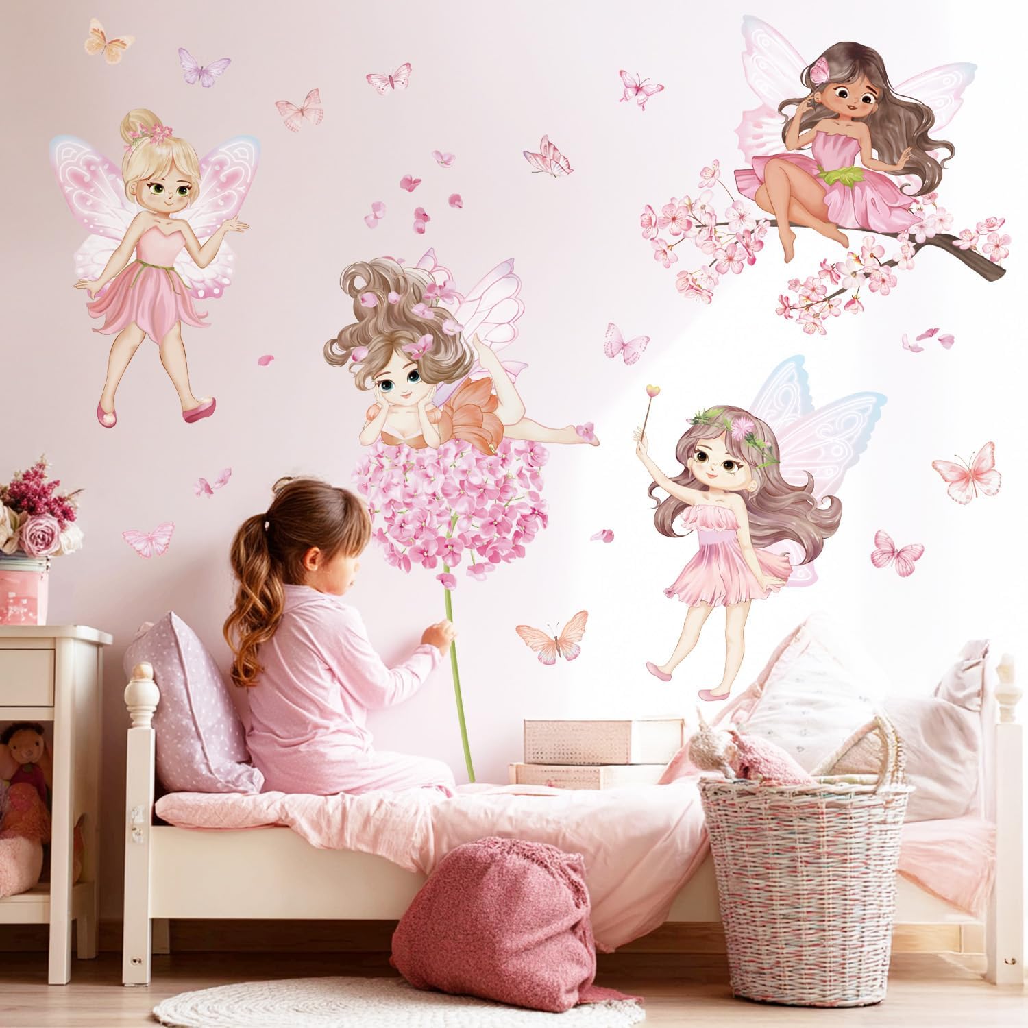 Amazon.com: Fairy Wall Decals Pink Butterfly and Flower Wall Sticker ...
