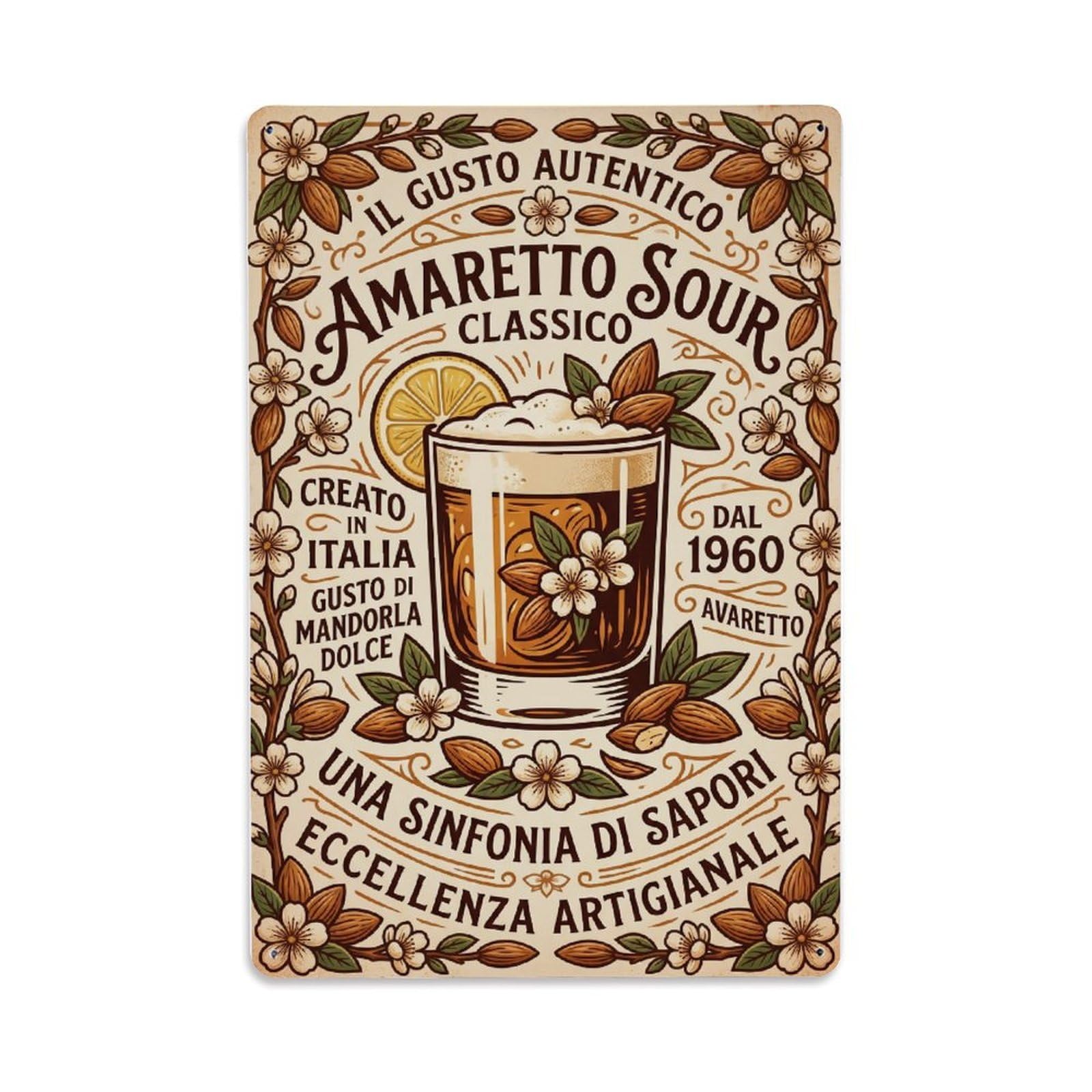 Amaretto Sour Ice Cold Refresher Metal Tin Sign Plaque Wall Decor for Cafe, Club Bar, Office, Home Garden Metal Poster 8x12Inch