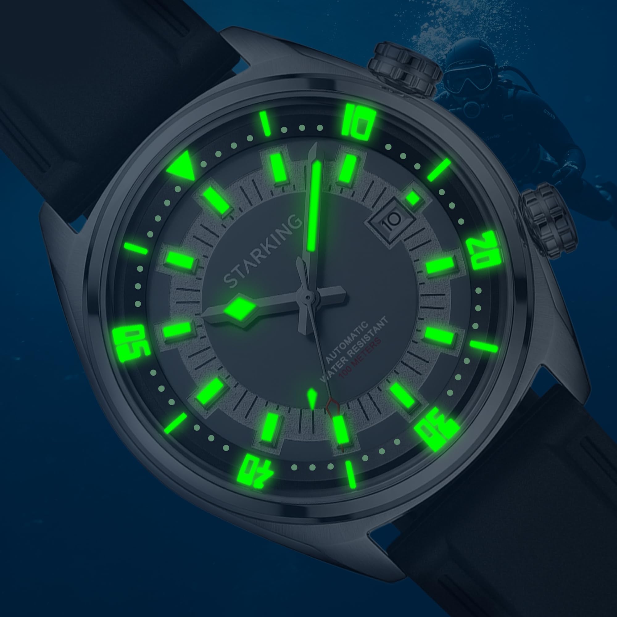 STARKING Montre de plongée pour homme, montre mécanique automatique tendance pour homme, étanche 10AMT, montre bracelet en silicone confortable en verre saphir lumineux, cadeau d'anniversaire de luxe