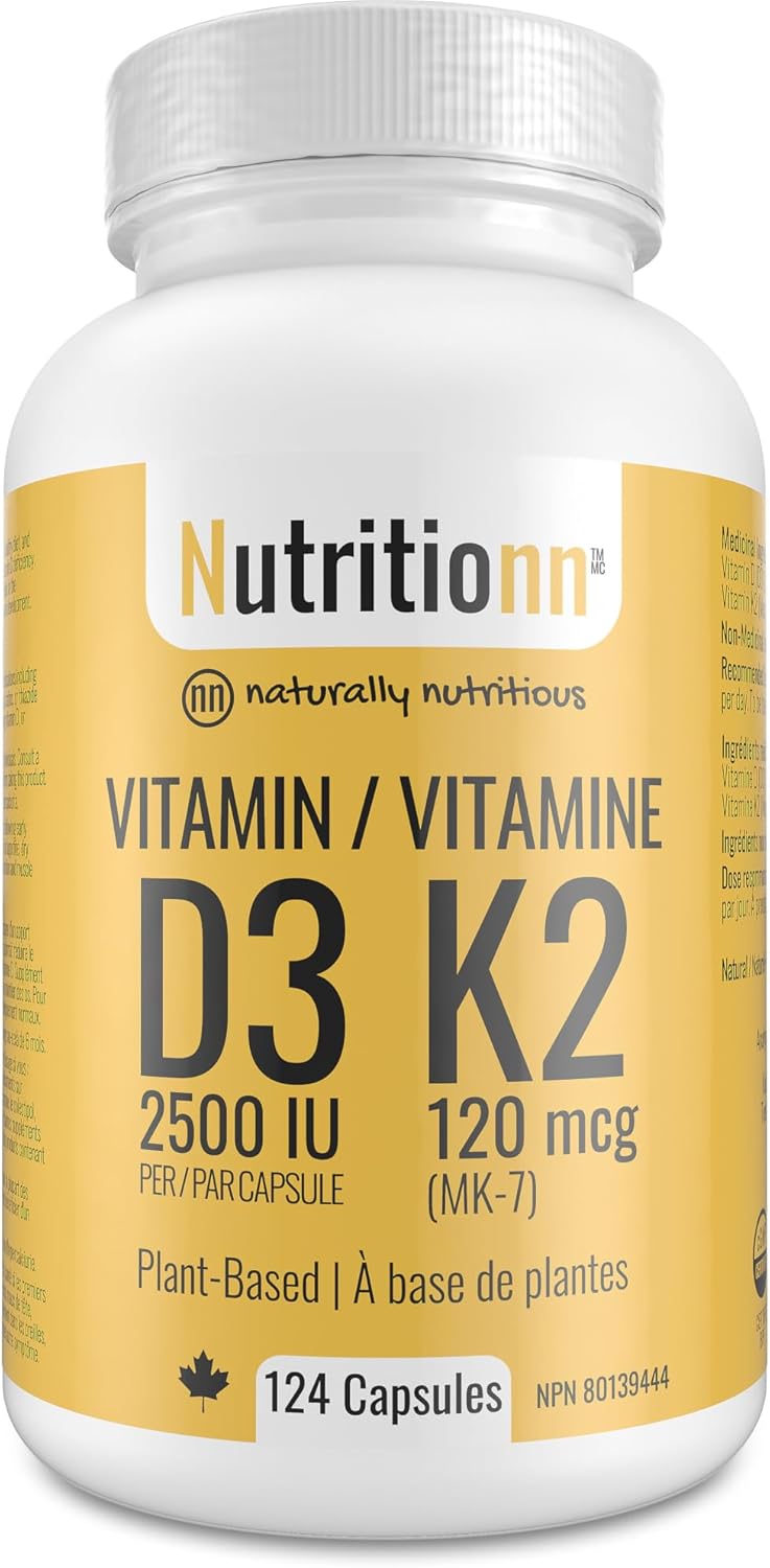 Vitamin D3 K2 Supplement - 2500 IU D3, 120 mcg K2 MK7 x 124 Capsules - Plant-Based, Vegan - Prevents Deficiency, Supports Bone Health in Women and Men - Made in Canada, Third-Party Tested - Nutritionn