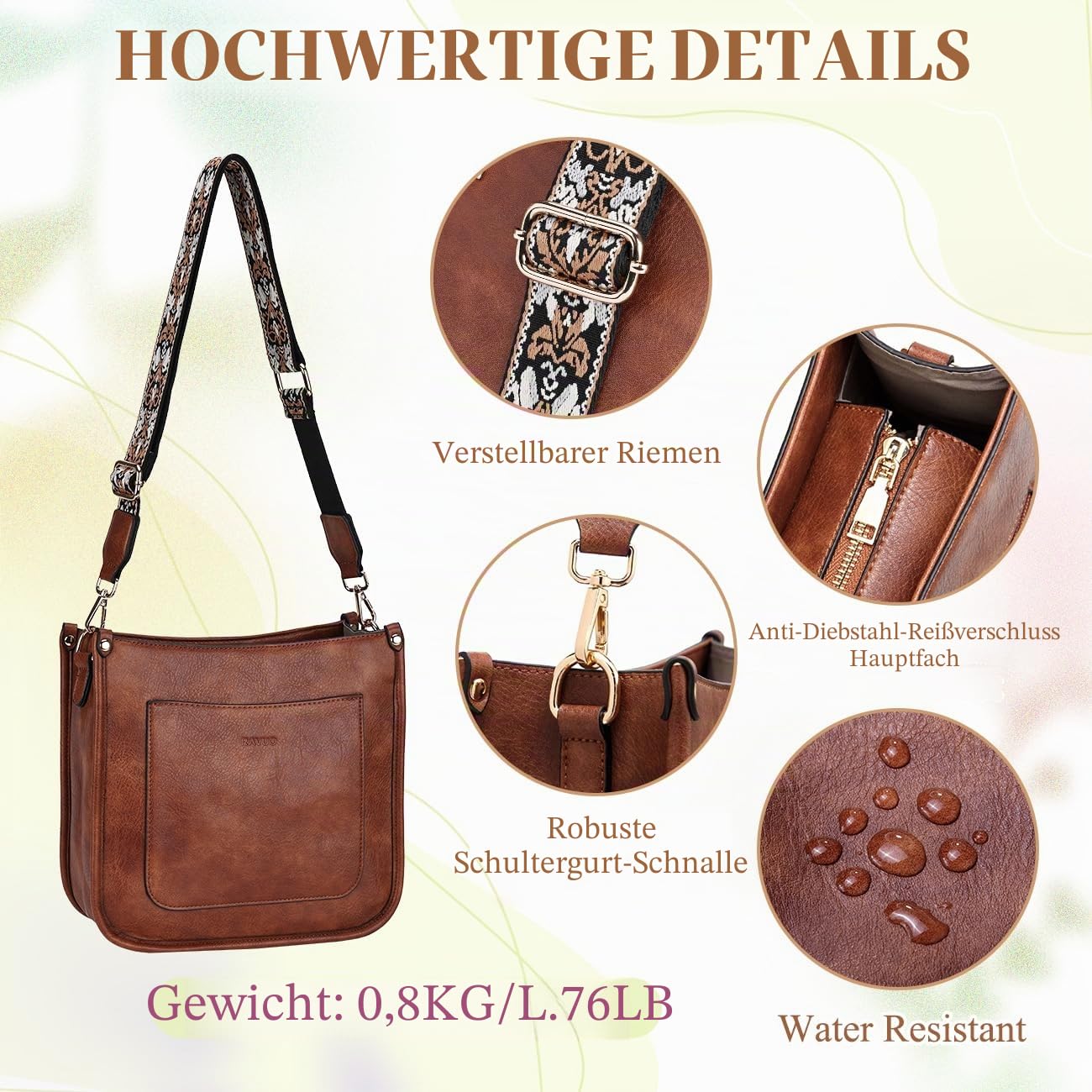 RAVUO Handtasche Damen Mittelgroß Umhängetasche Crossbody Bags Leder Schultertasche für Frauen Shopper Tasche mit Verstellbarem Farbigem Riemen