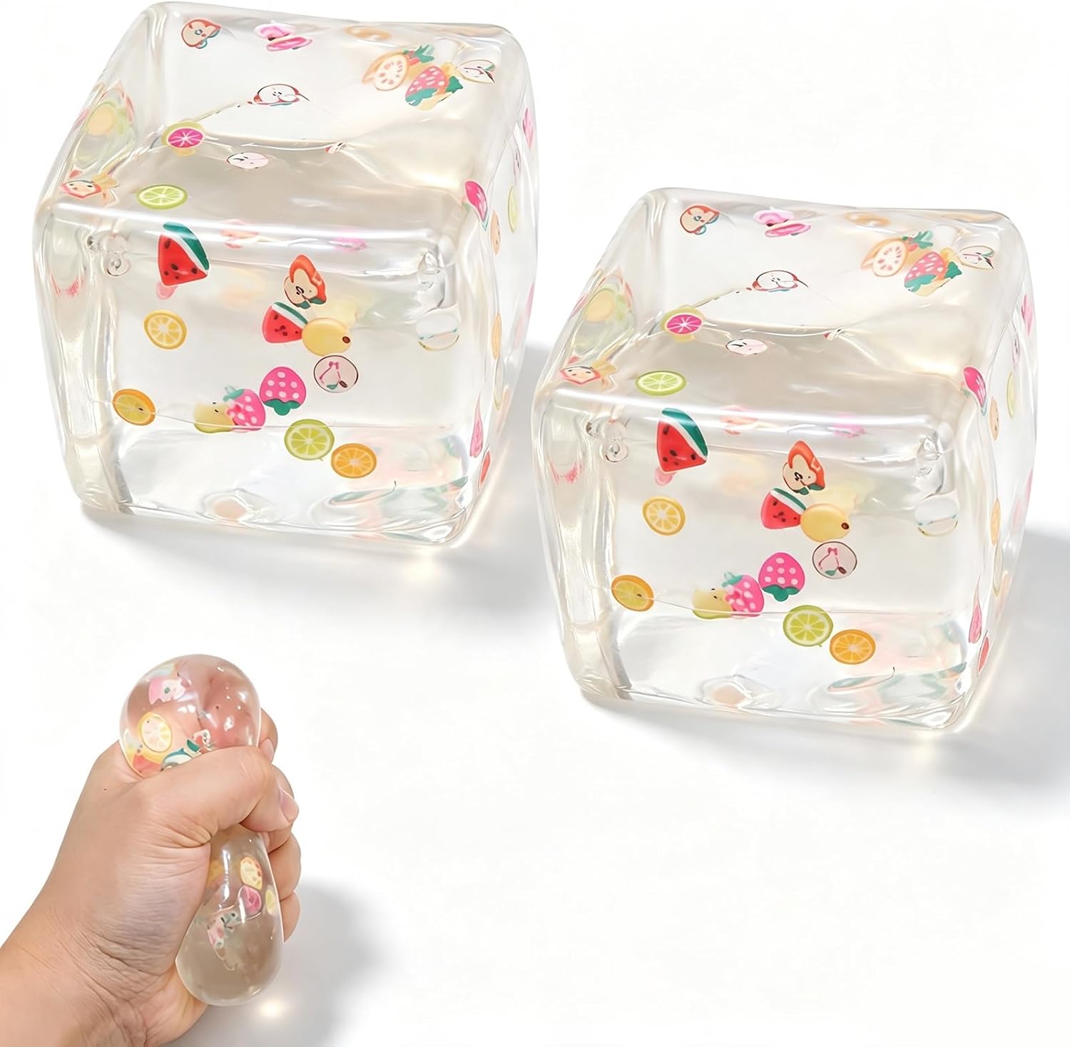 2 Pack Cube Fidget Toys-Sensory Toy with Sea Fruit,Squishy Toy,Transparent
