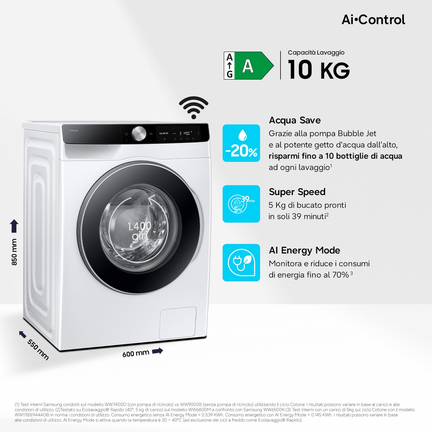 Samsung Lavatrice AI Control WW10FG6U34LK/U3, 10 Kg, AI Energy Mode, AI Ecobubble, Carica Frontale, Corpo: Bianco, Oblò e Display: Nero, 60l x 85h x 55p cm