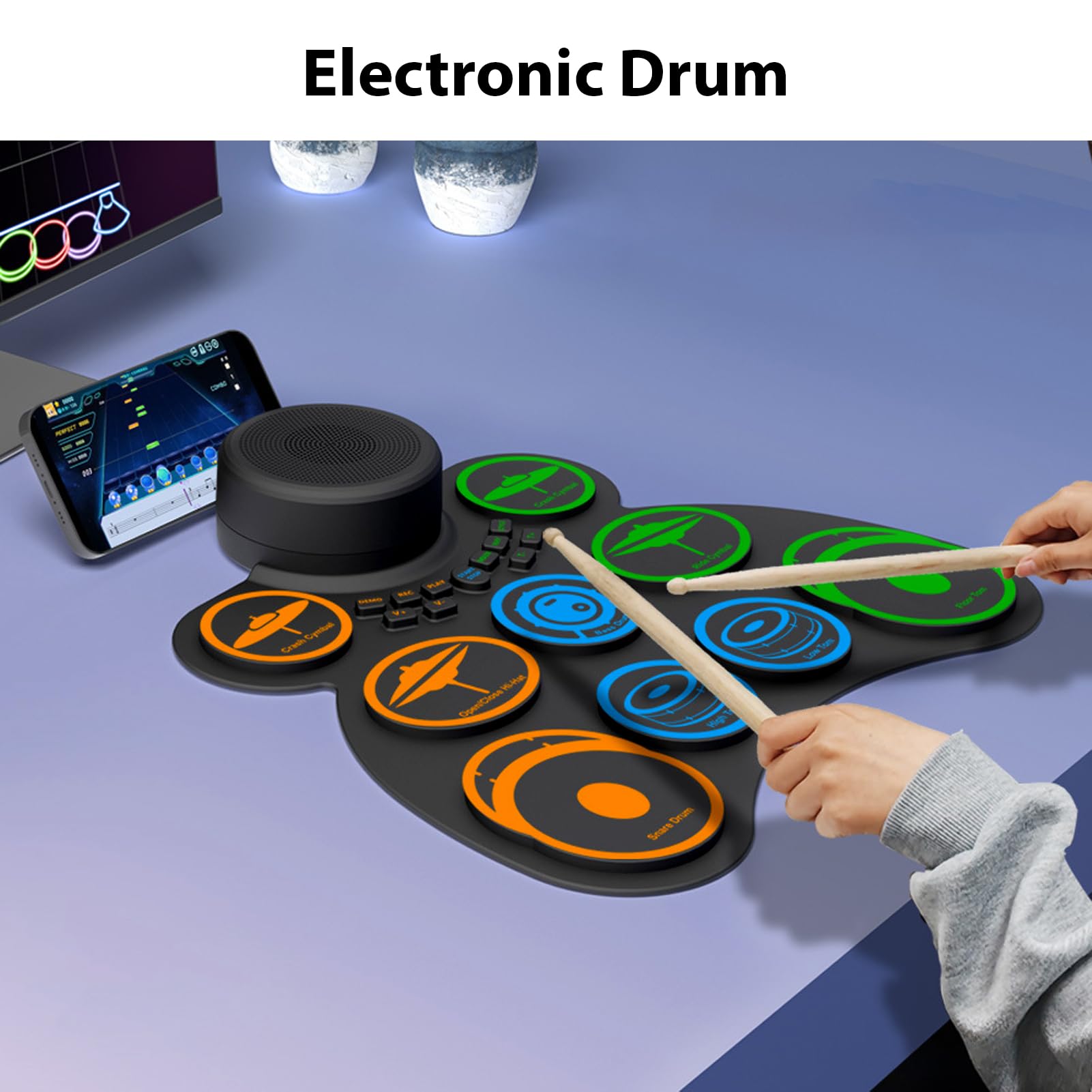 POENVFPO Batería Electrónica para Adultos Principiantes, Kit de Práctica de Silicona Enrollable de 9 Pads con 2 Altavoces, Conector para Auriculares, Conectividad MIDI, Pedal y Baquetas