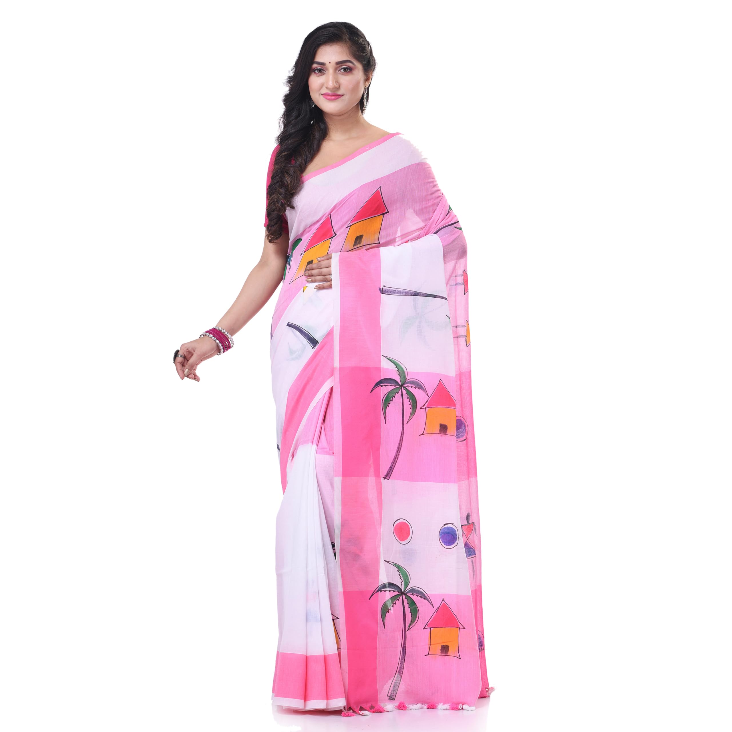 dB DESH BIDESHWomen`s Bengal Handloom Pure Cotton Saree Tribal Hand Made Art Design With Blouse Piece