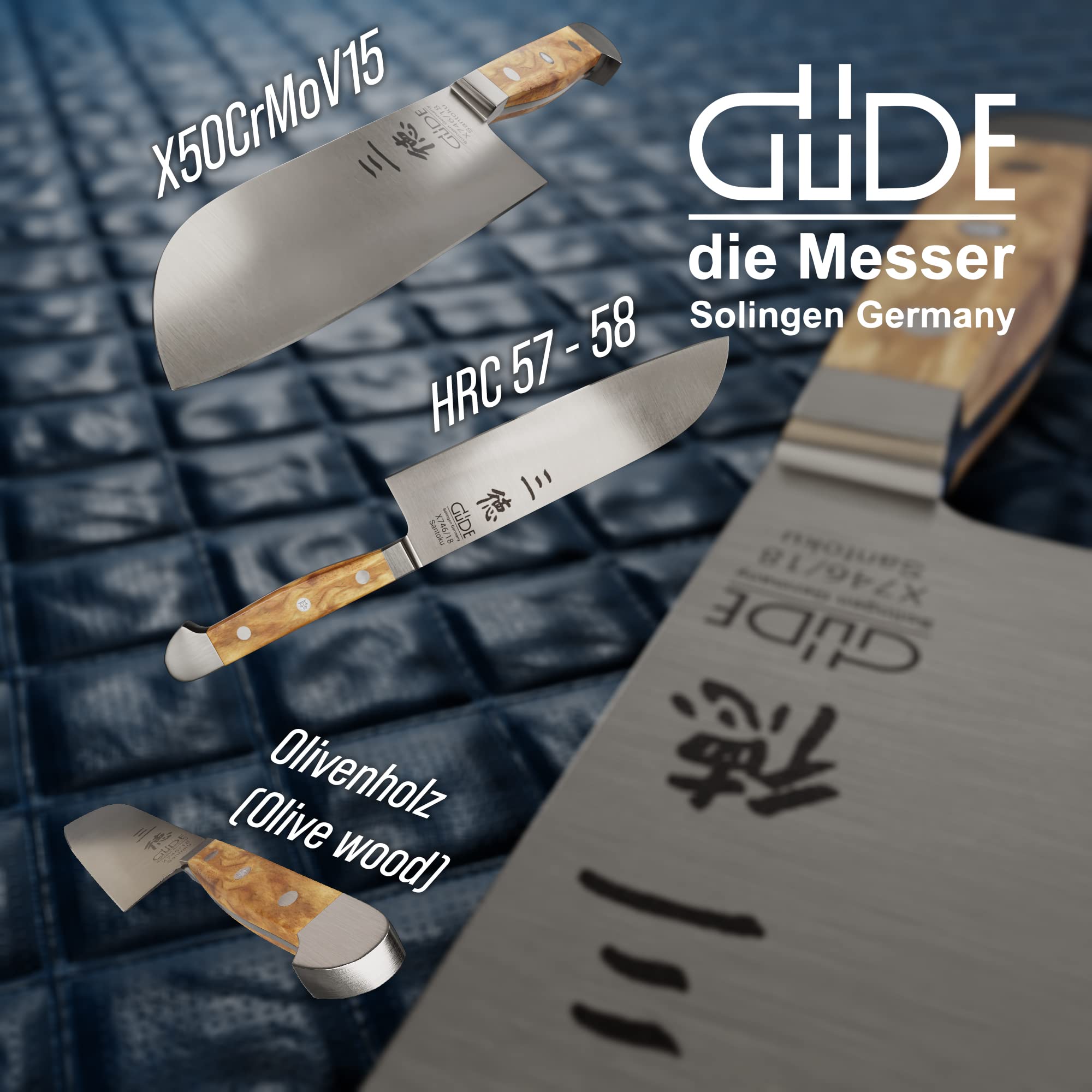 GÜDE Solingen - Nóż Santoku, kuty, 18 cm, drewno oliwne, ALPHA-OLIVE - podwójny trzpień, Ręcznie robiony w Niemczech