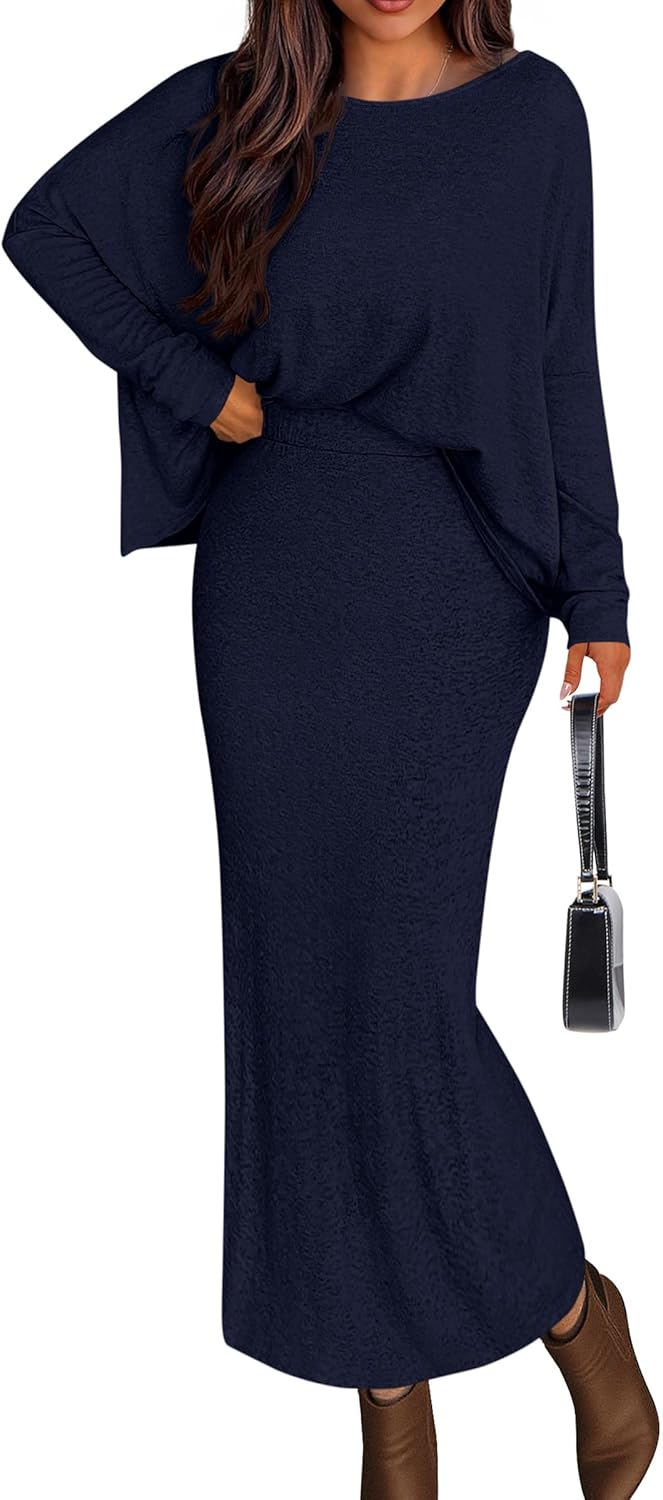 PRETTYGARDEN Women's Fall 2025 Two Piece Matching Skirt Sets Long Sleeve Tops Maxi Long Slit Bodycon Skirts Vacation Outfits