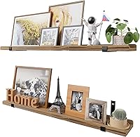 Vista 7 de Estantes flotantes de madera natural con labio, estante de pared flotante de 40 pulgadas de largo con soporte de metal, juego de 2 estantes