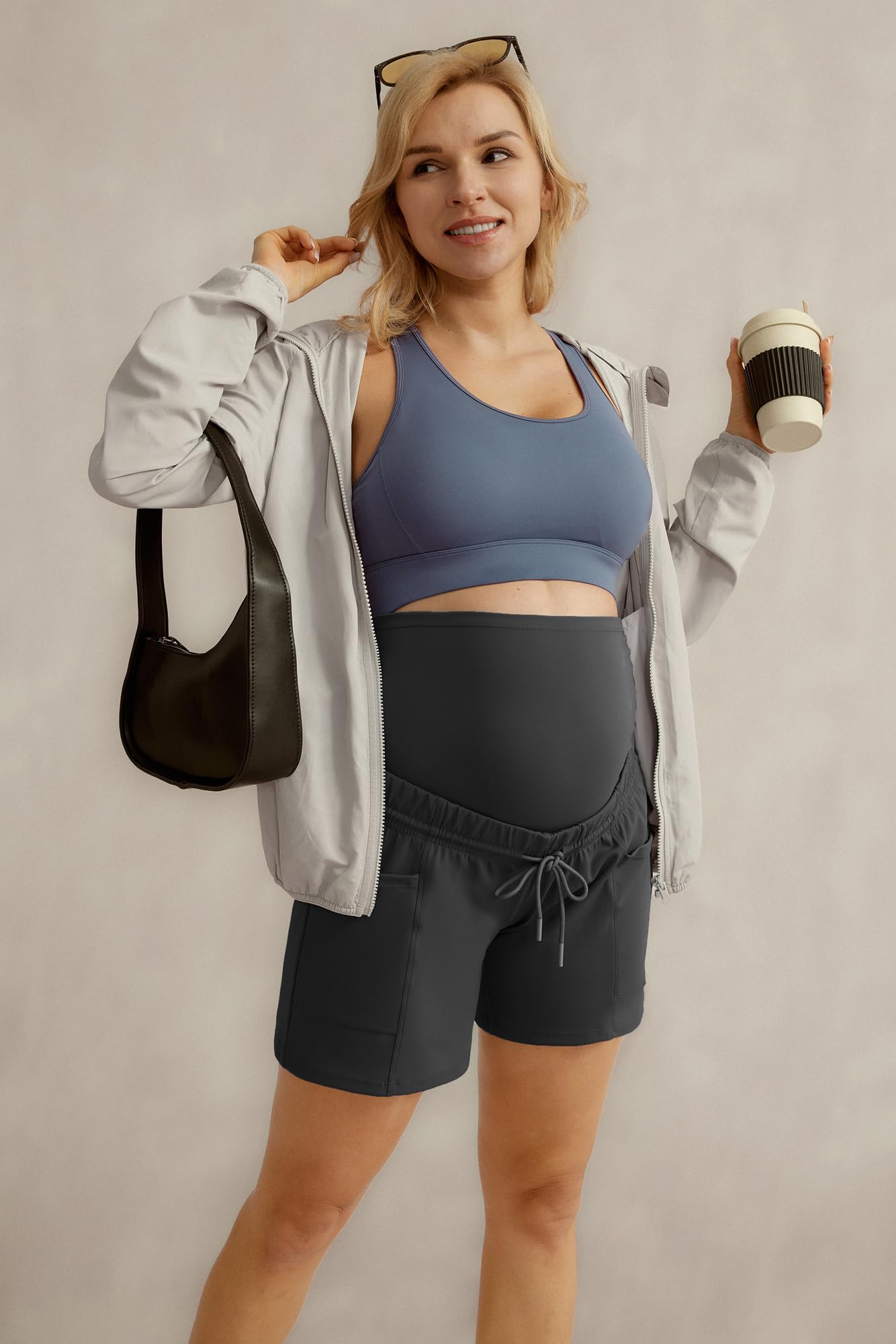 Maacie Pantalones cortos de embarazo con cordón para entrenamiento