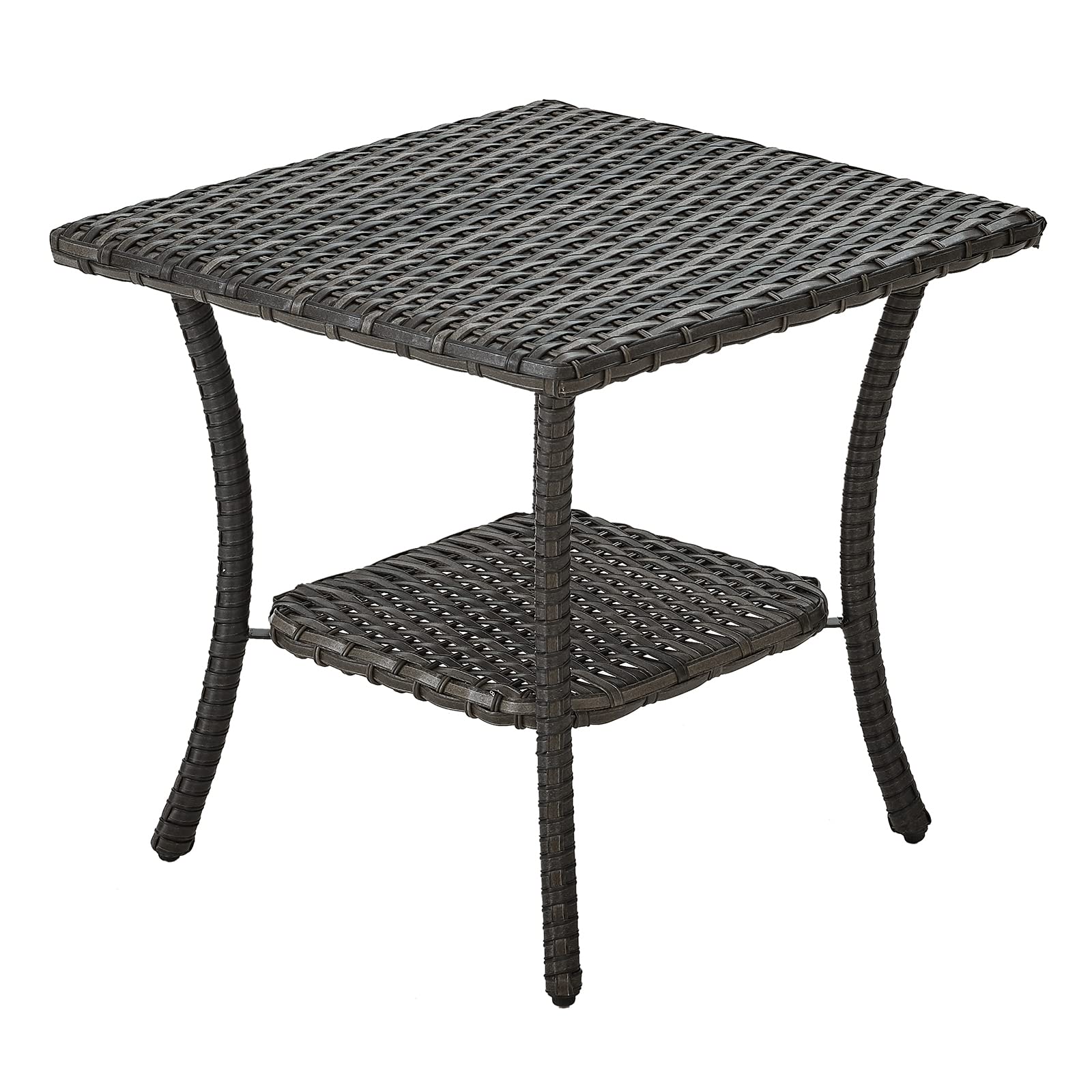 HUMMUH Outdoor End Table,Patio Wicker Small Side Table, PE Rattan Coffee Table with 2-Tier Storage Shelf for Bistro Set Conversation Sets Grey