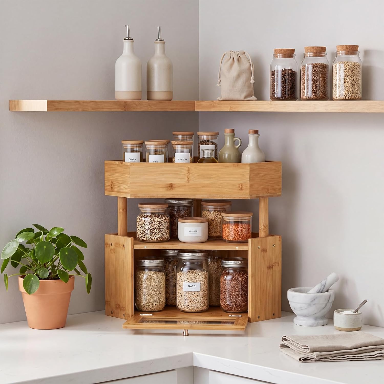 SiliFine 2 Tier Corner Bamboo Bread Box Fruit Basket for Kitchen Countertop Large Capacity Farmhouse Bread Box with Window Fruit Stand Holder Vegetable Container Storage Bin Pantry Shelf