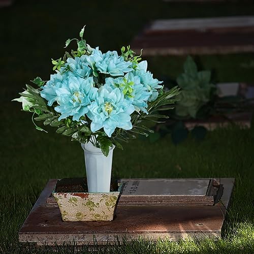 Miniatura 5 de XONOR Flores artificiales de cementerio para tumba, juego de 2 ramos de dalia artificiales, flores conmemorativas con jarrón para decoración de