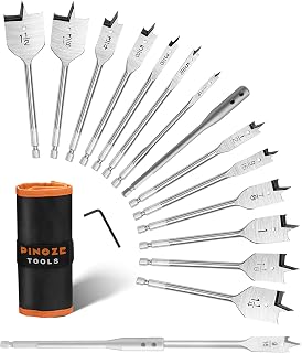 Pinoze 14-Piece Spade Drill Bit Set with 6" Extension, 1/4"-1-1/2" Hex Shank Paddle Bits for Fast Woodworking Hole Drilling, Nylon Pouch