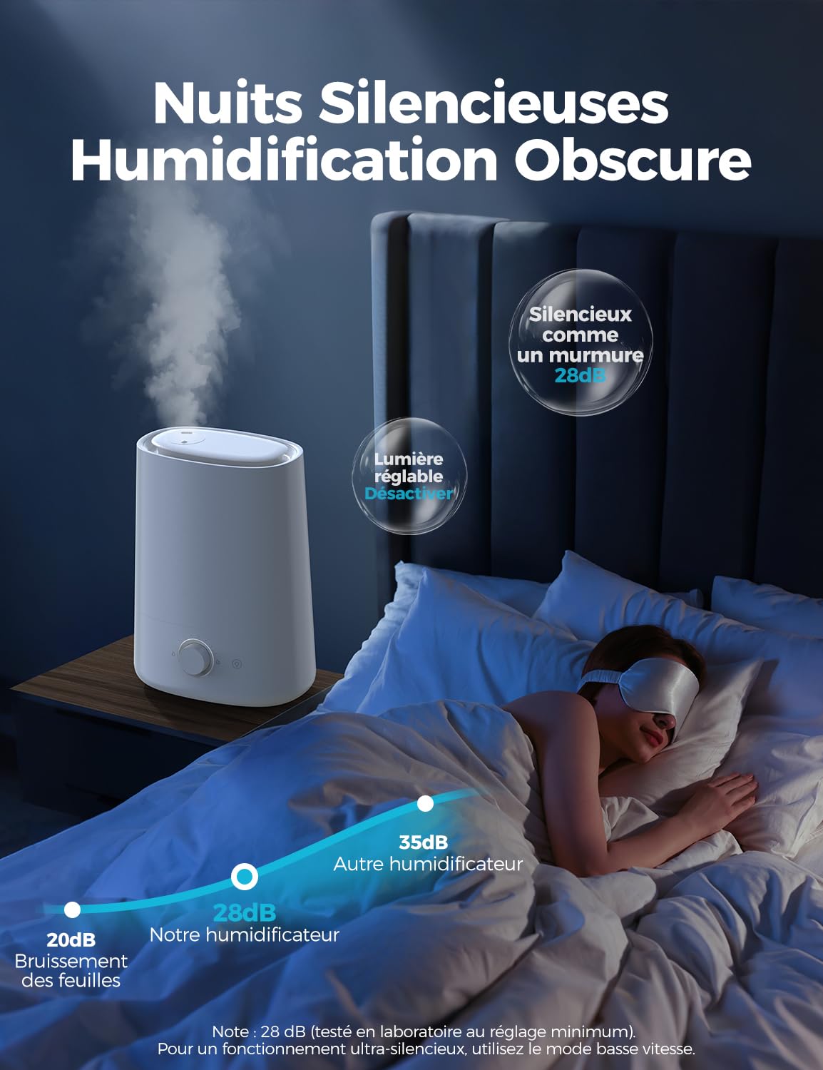 AROEVE Humidificateur d'air 5L à Remplissage par le Dessus,à Brumisateur Ultrasonique avec Diffuseur d'Huile Essentielle, Buse 360°, Veilleuse 28dB, Autonomie 50H, pour Chambre de Bébé, Plantes