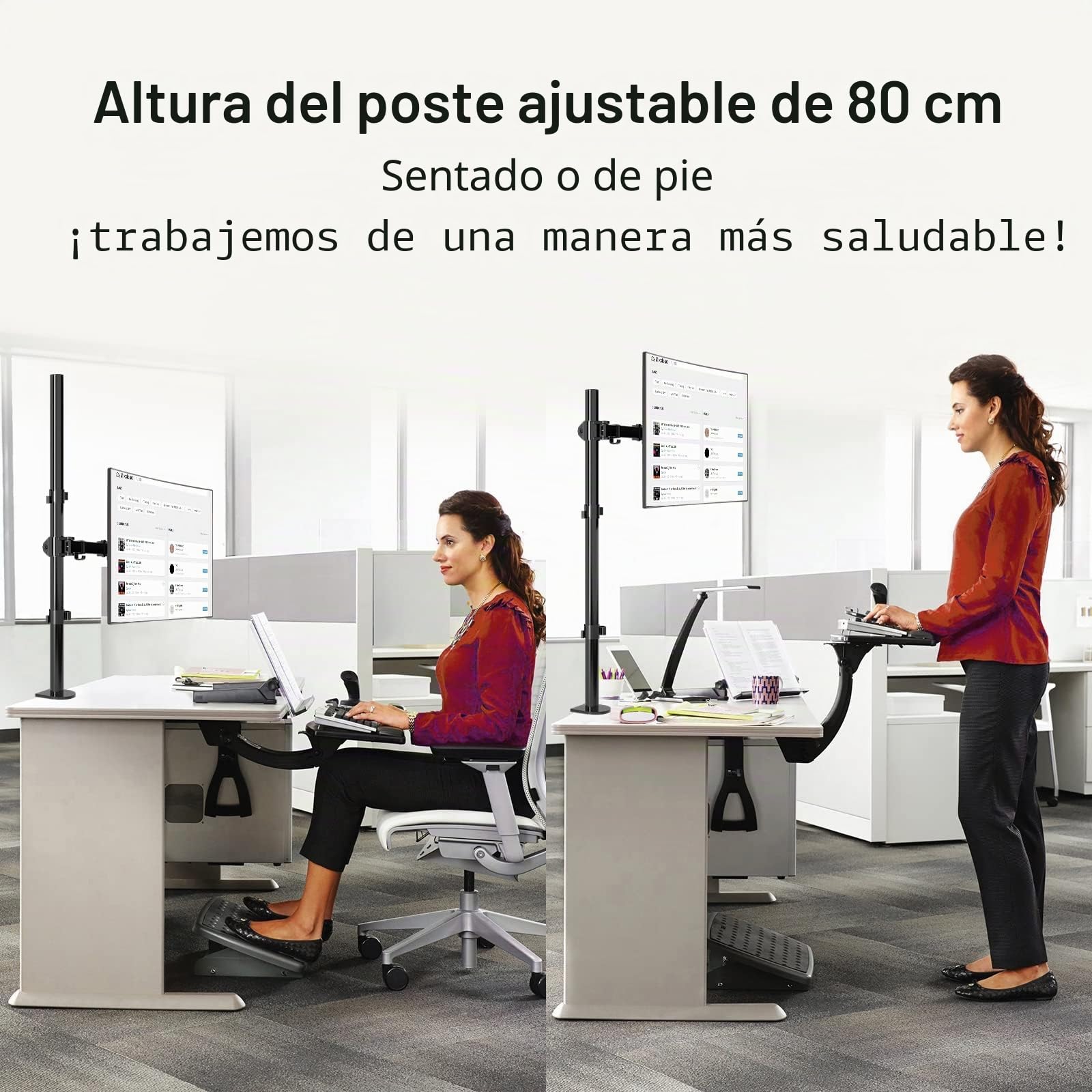 suptek Soporte de Escritorio para Monitor Altura Extra 800mm, Brazo Monitor para Pantallas de 13-32 Pulgadas, Soporte Ajustable y Giratorio, VESA 75/100mm, Carga Máx. 10kg, Pinza y Ojal, Negro, MD6821