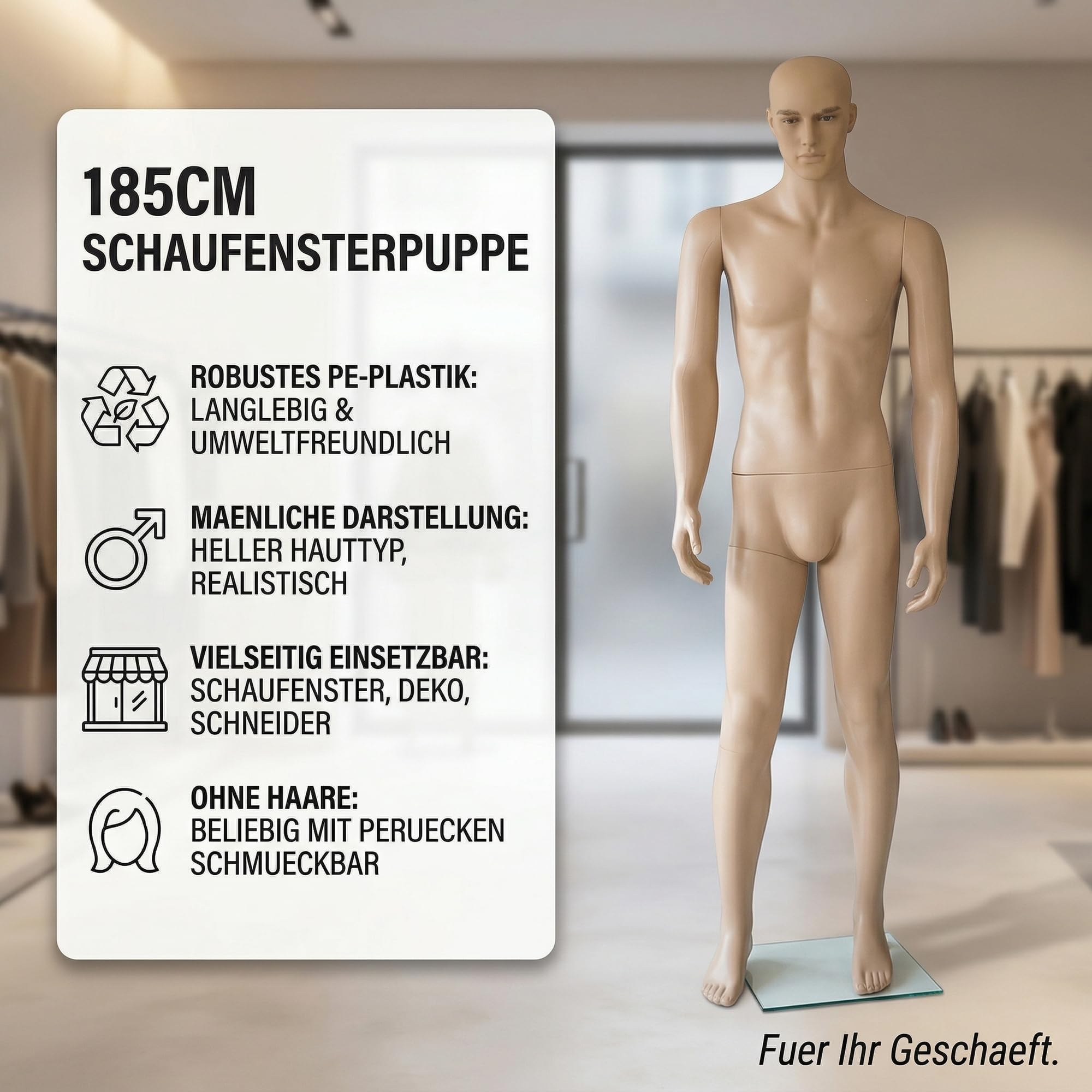 Mucola Schaufensterpuppe Mann 185 cm – Männliche Schneiderpuppe mit beweglichen Gelenken – Realistische Schaufensterfigur Herren-Mannequin mit Glas-Standplatte – Abnehmbarer Kopf & Arme