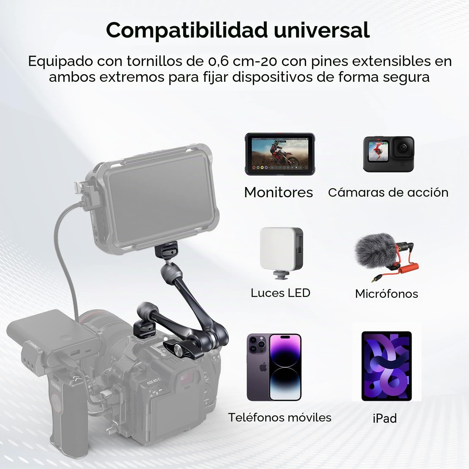 SMALLRIG Brazo Mágico de Roseta de 11 Pulgadas con Cabeza Esférica, Tornillos de 1/4"-20 y Clavijas Antitorsión, Solo 330g Carga 3kg, para iPads/Monitores/Luces LED/Teléfonos - 3959