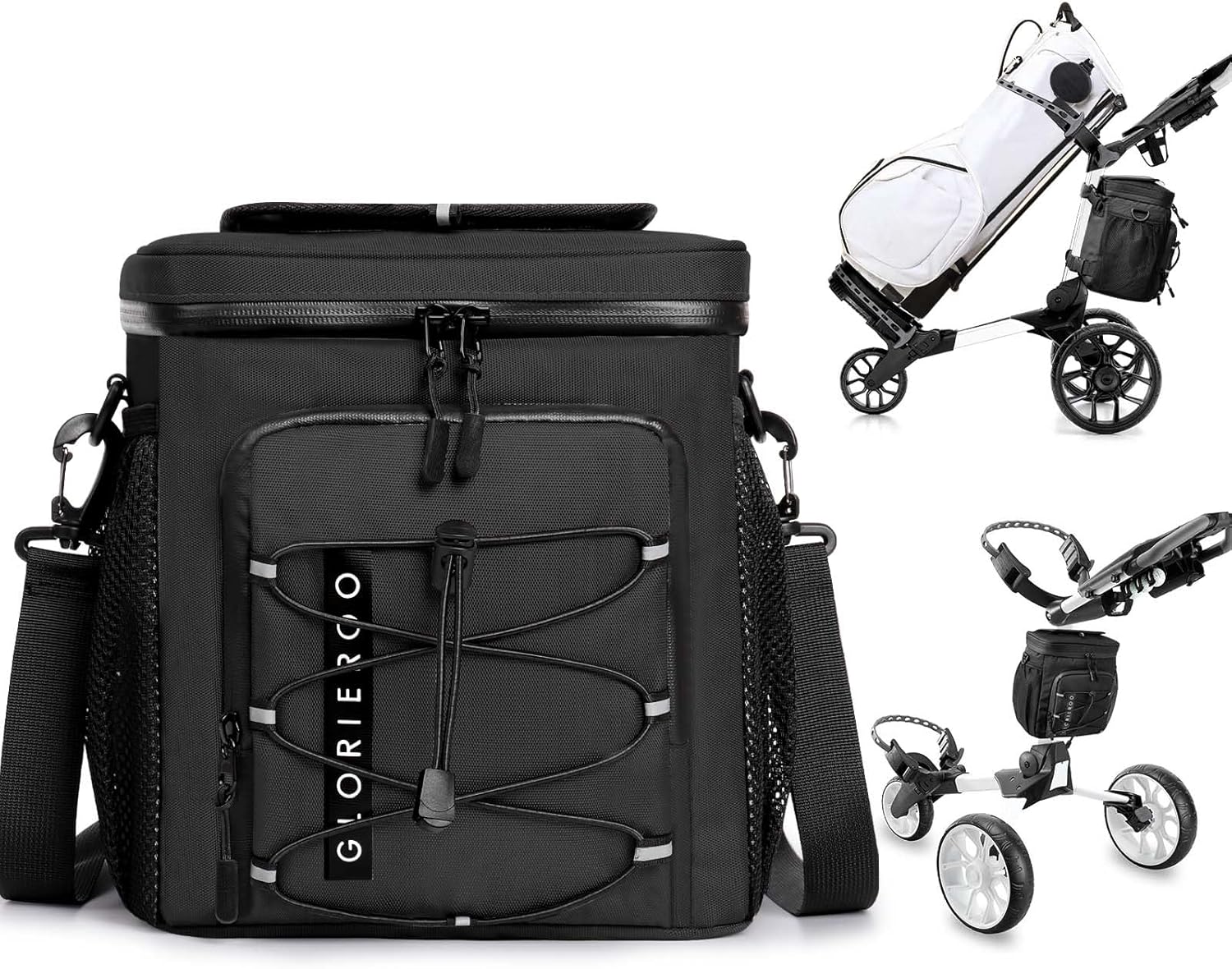 Golf Cart Cooler Bag Insulated – 12-Can Leakproof Soft Cooler Bag with Hook-and-Loop Lid, Waterproof Zippers, and Multi-Pockets for Accessories; Fits on Golf Push Cart