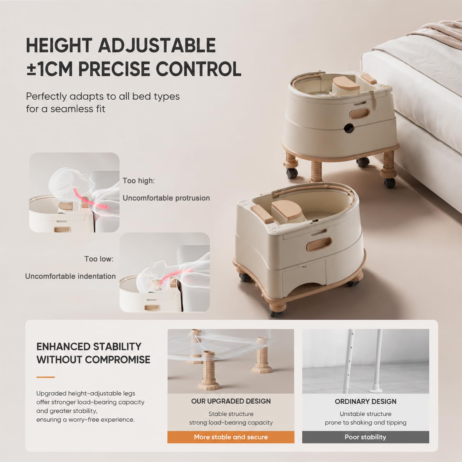 Lavacabezas Portátil para Cama, Lavabo de Peluquería Ajustable con Cojín de PU, Alcachofa de Ducha y Ruedas, Equipo de Head Spa Doméstico para Pelo Beige