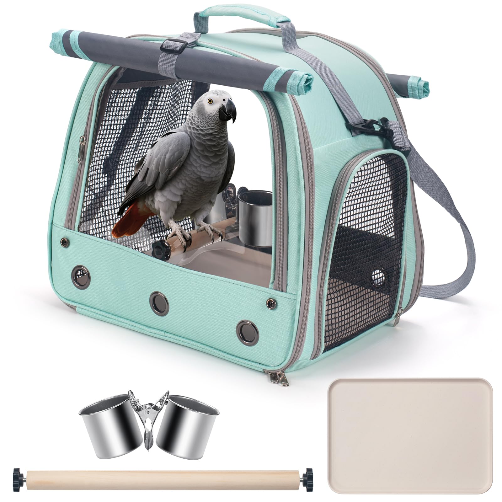 Jaula de viaje para loros con perca, cuenco de comida, bandeja y ventana transparente transpirable, bolsa de viaje para pájaros para cacatúas grises africanas Caique Conure Quaker, para veterinario