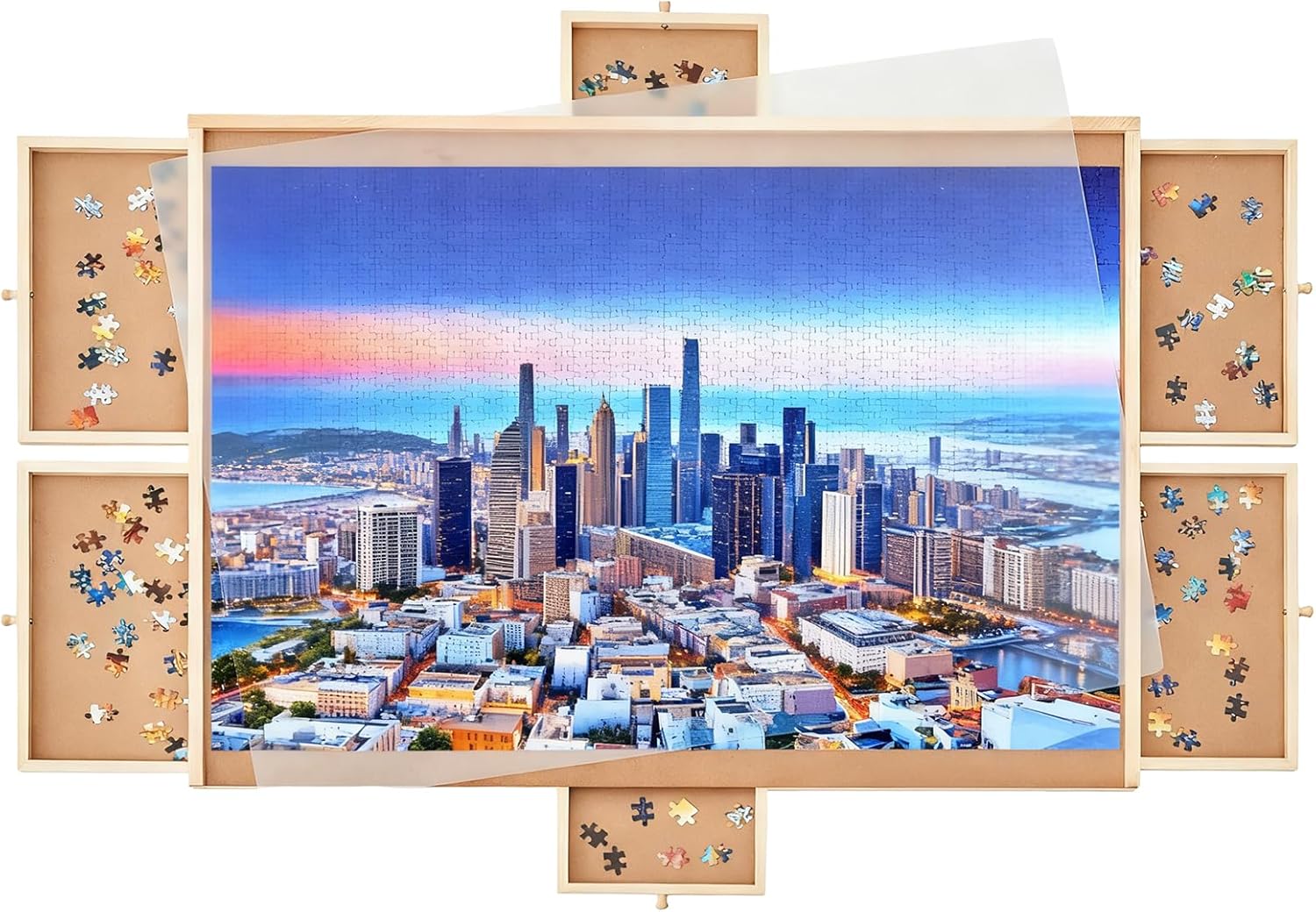 1500 Piece Rotating Wooden Puzzle Board with Drawers, 35" x 27" Jigsaw Puzzle Table Featuring 6 Storage Trays, Portable Puzzle Organizer for Adults