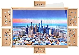 1500 Piece Rotating Wooden Puzzle Board with 6 Storage Trays, 35"x27" Large Jigsaw Puzzle Table, Portable Puzzle Organizer for Adults, Birthday Gift for Mom Women, Surface for Lego Building