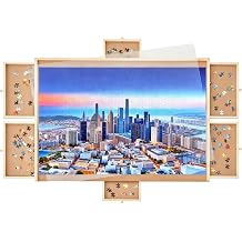 1500 Piece Rotating Wooden Puzzle Board with Drawers, 35" x 27" Jigsaw Puzzle Table Featuring 6 Storage Trays, Portable Puzzle Organizer for Adults