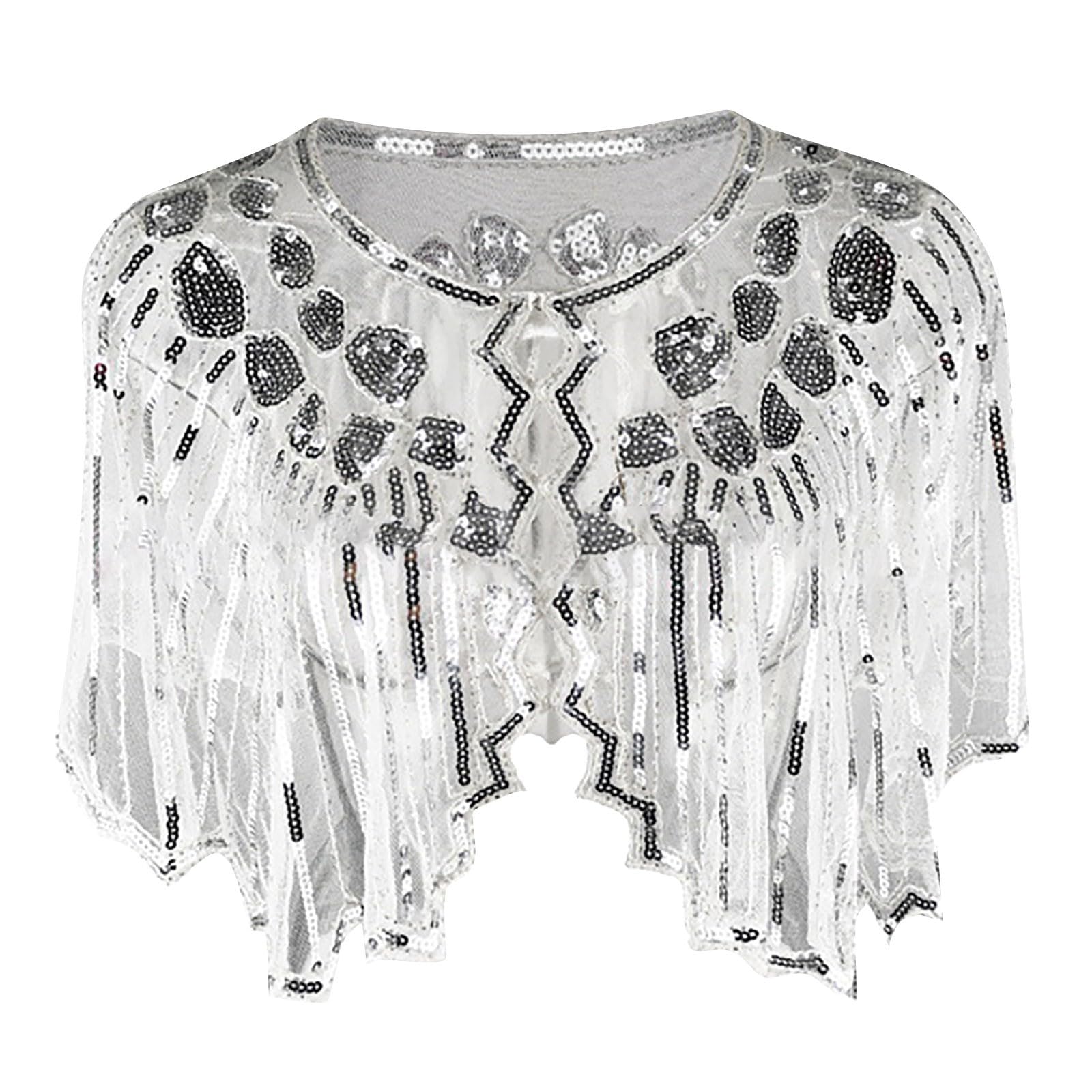 NAFING Châle Sequin Pour Femme Vintage 1920s Pailleté De Etole Elégant Echarpe Doux Déco De Mariage Avec Frangé Foulard En Dentelle Mesh Cape Pailleté De Soirée Accessoire De Costume Style Années 20