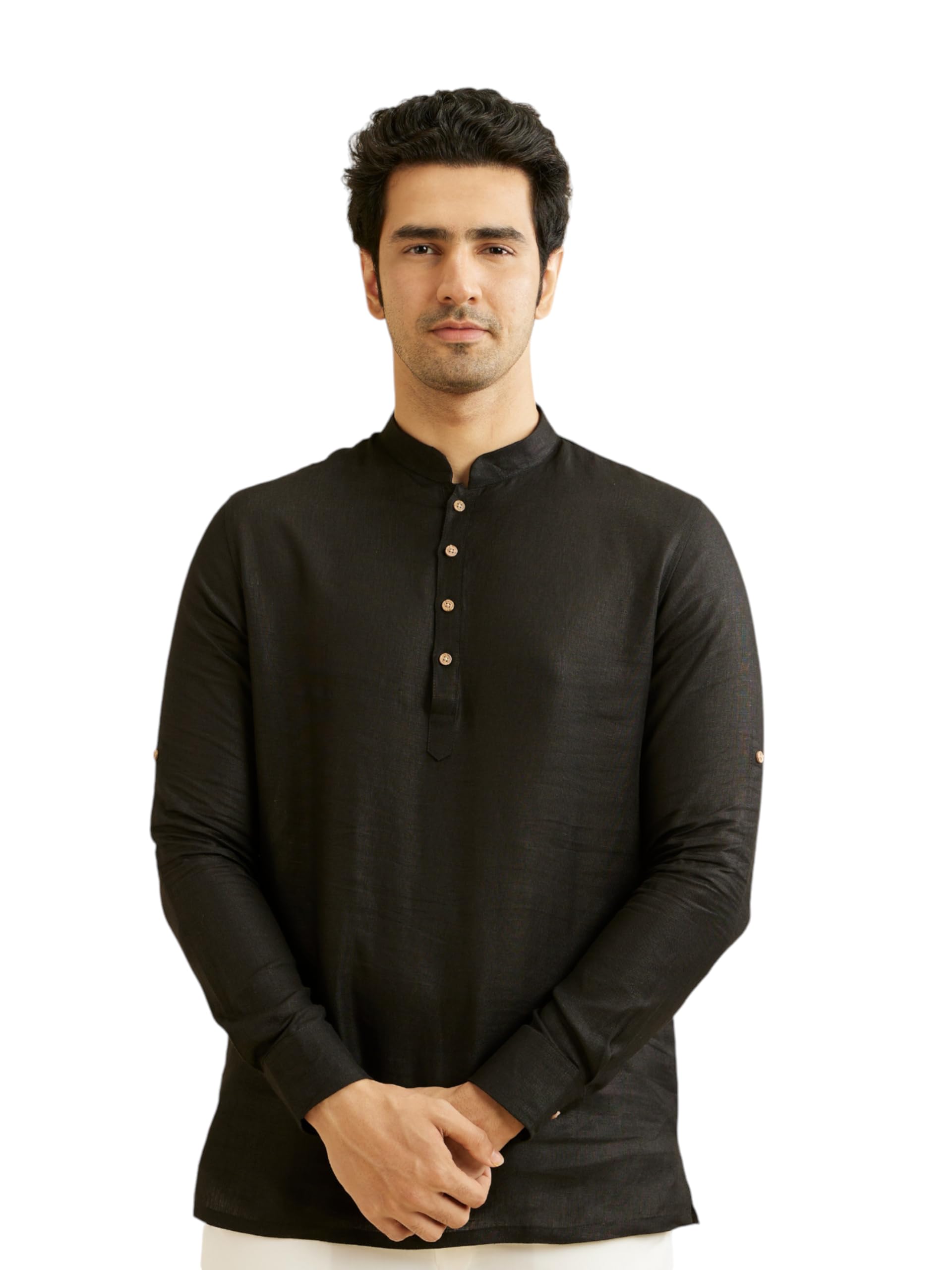 manyavar Men's Linen Solid Short Kurta (1pc)-picture-34