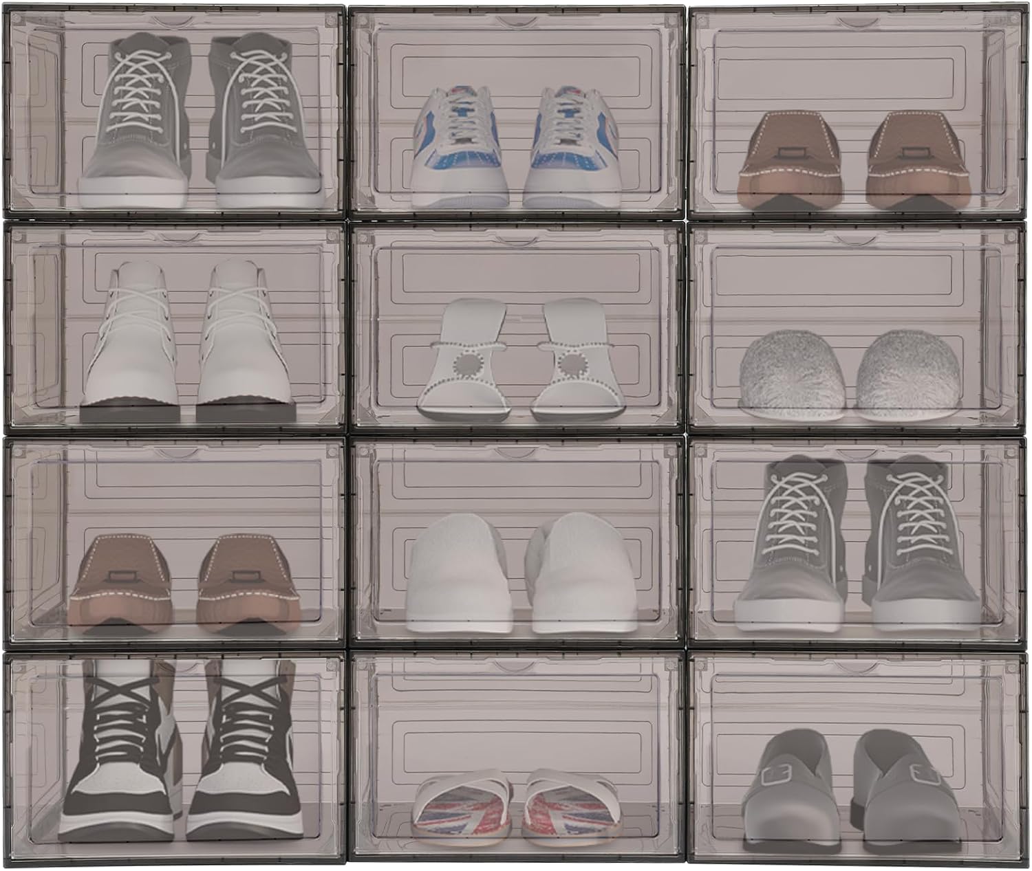 12 Pack Stackable Shoe Box,Semi-Transparent Plastic Sneaker Box,Free Standing Shoe Containers,Acrylic Shoe Display Case,Sneaker Storage,for Shoes,Clothes, Purses,13.39*10.63*8.66in (Black Brown)