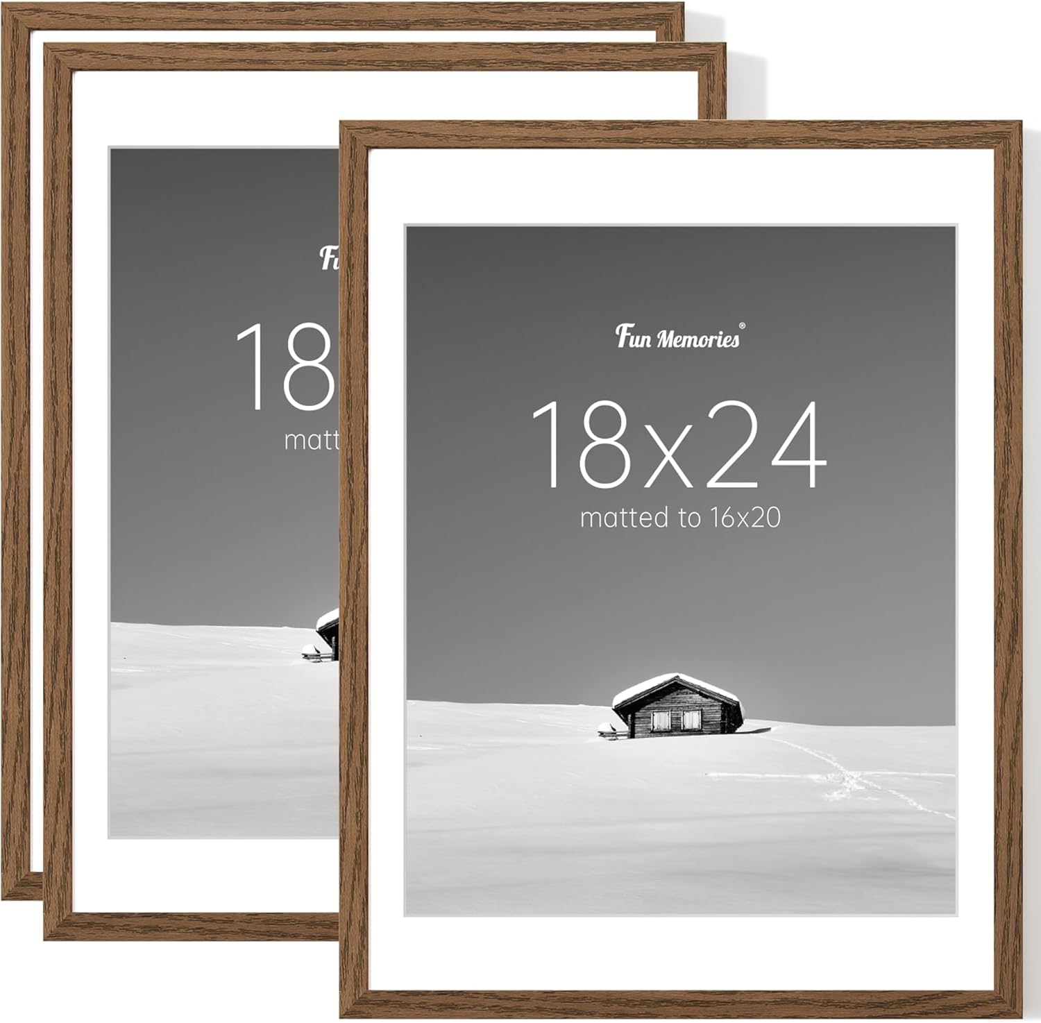 Fun Memories 18x24 Picture Frame Set of 3, Display Pictures 16x20 with Mat or 18x24 Without Mat, 18 x 24 Poster Frame for Wall Hanging Horizontally and Vertically, Walnut Walnut 18x24-3P