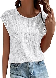 2025 Camiseta sin mangas con cuello redondo y lentejuelas en color sólido para mujer y ropa de fiesta Top Glitter