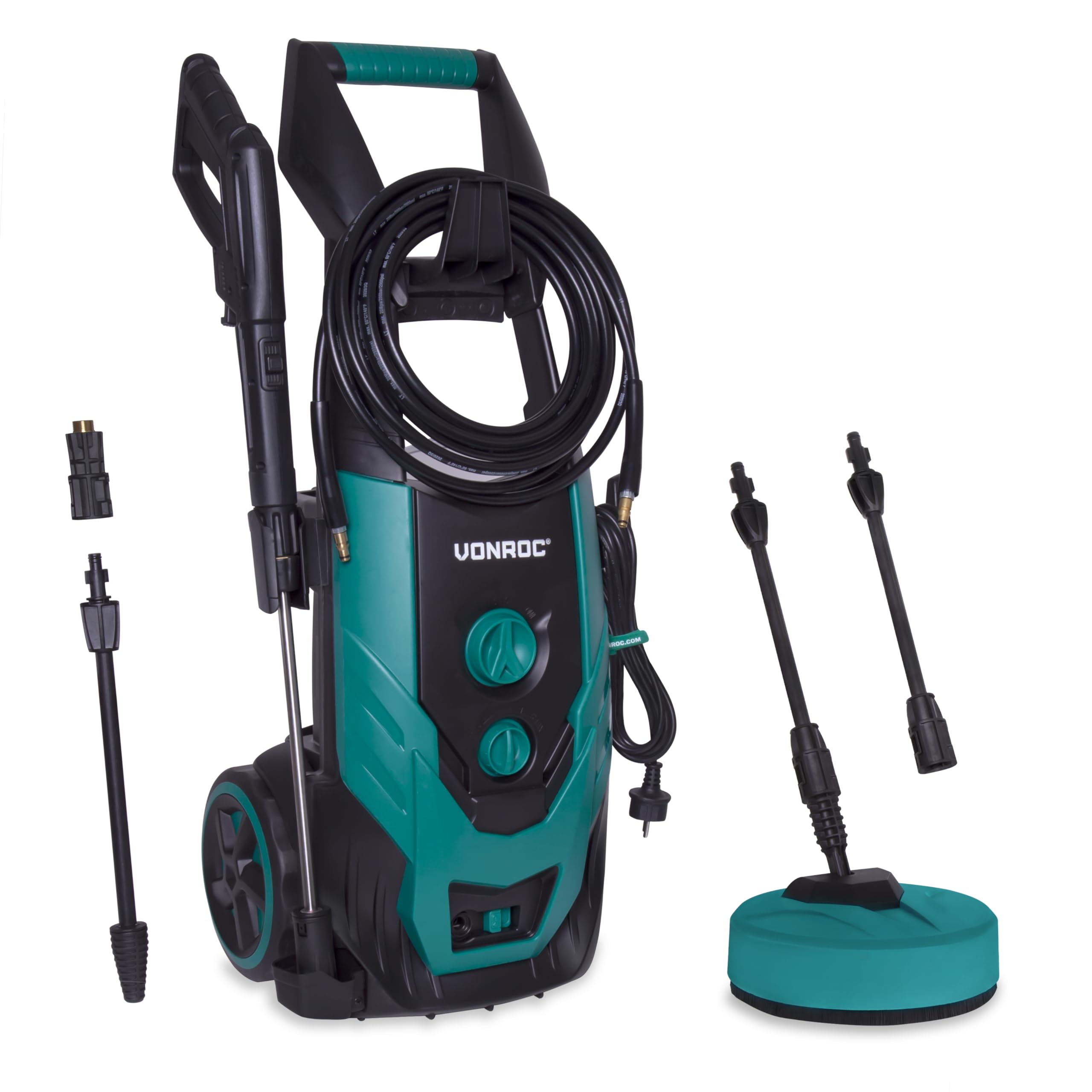 VONROC Hidrolimpiadora a presión V22-2 - 2200W - 170 Bar - 450 l/h - Incluye 8m de Manguera, Tanque de detergente Integrado, Limpiador de Patio, boquillas y Accesorios (170 Bar + Accesorios)