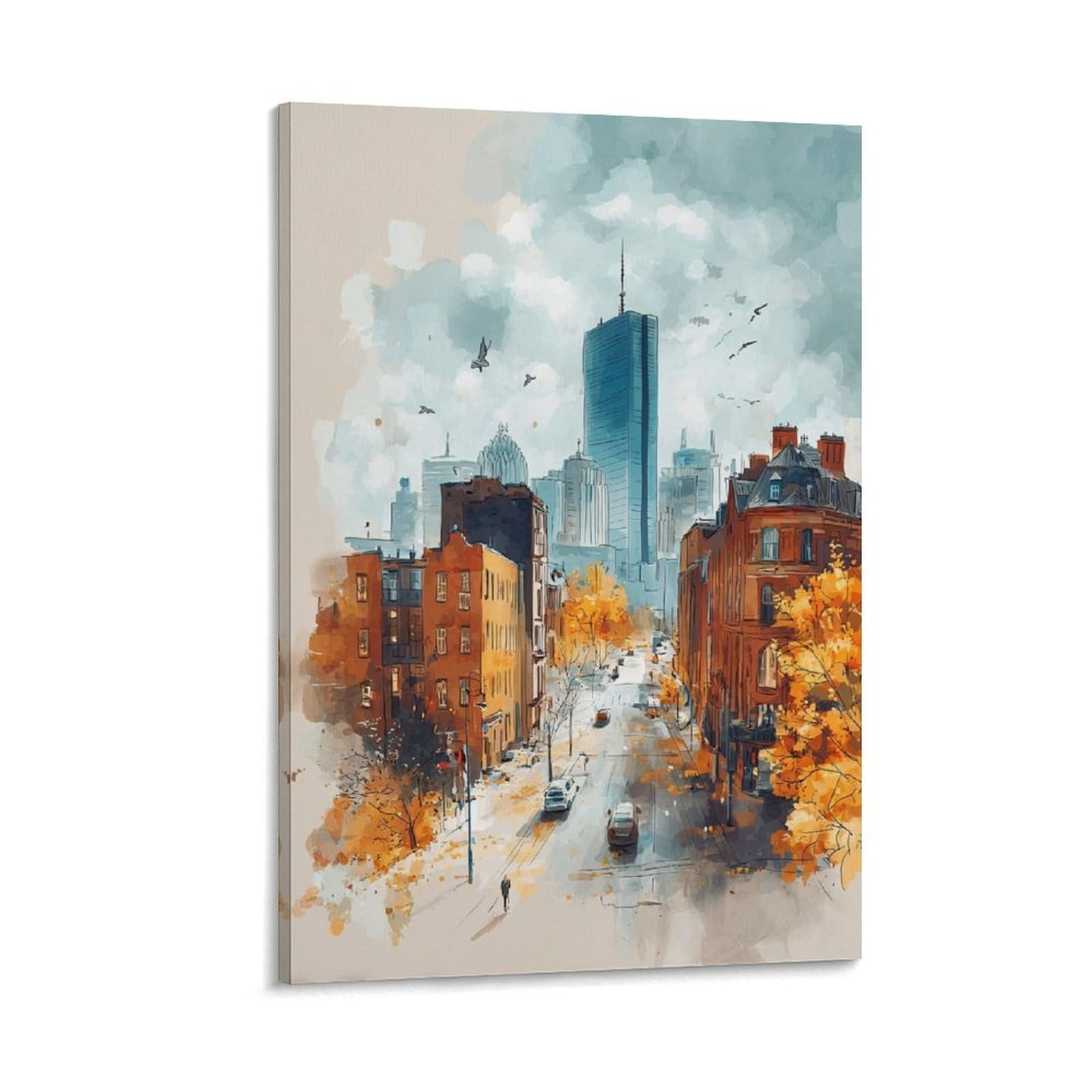 LCYNNH Boston Watercolor Print Autumn Cityscape Posters 20x30inch(50x75cm) Print Home Bedroom Office Living Room Decor Canvas