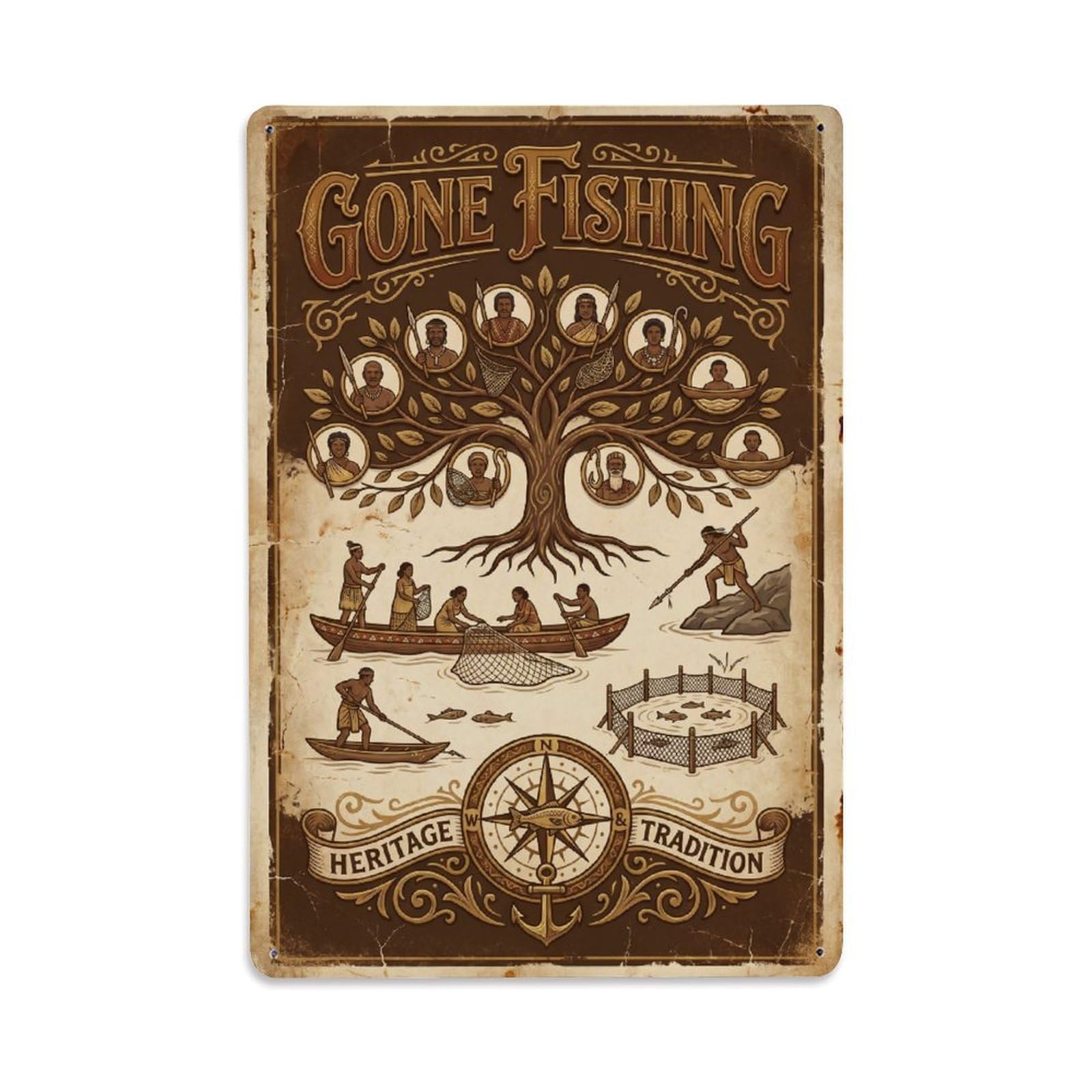 Gone Fishing Heritage Culture Vintage Metal Tin Sign Plaque Wall Decor for Cafe, Club, Garden Metal Poster 8x12Inch