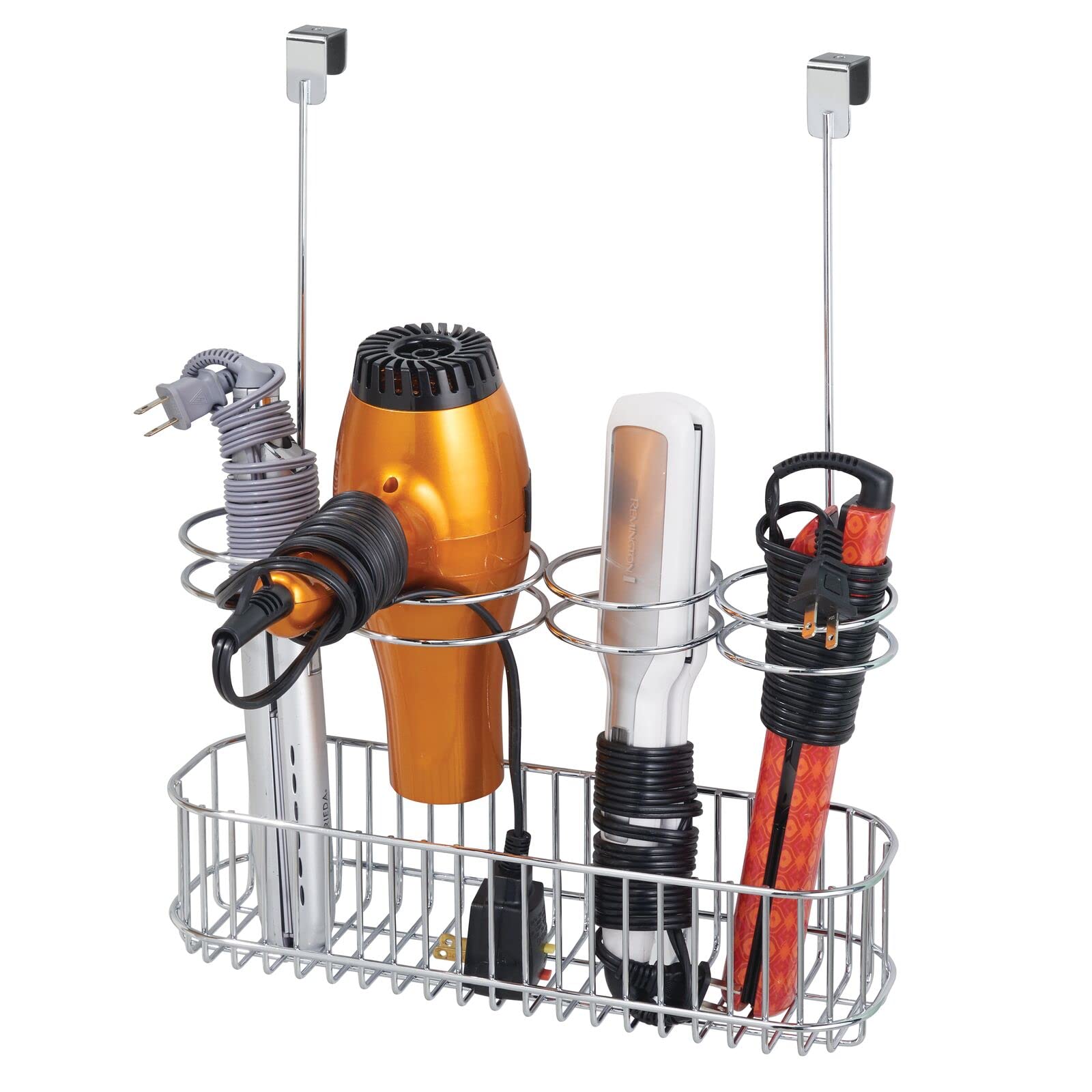 mDesign Fönhalter ohne Bohren – großes Türregal zur Fön Aufbewahrung im Bad – optimaler Badorganizer für Lockenstab, Glätteisen und Haartrockner – silberfarben