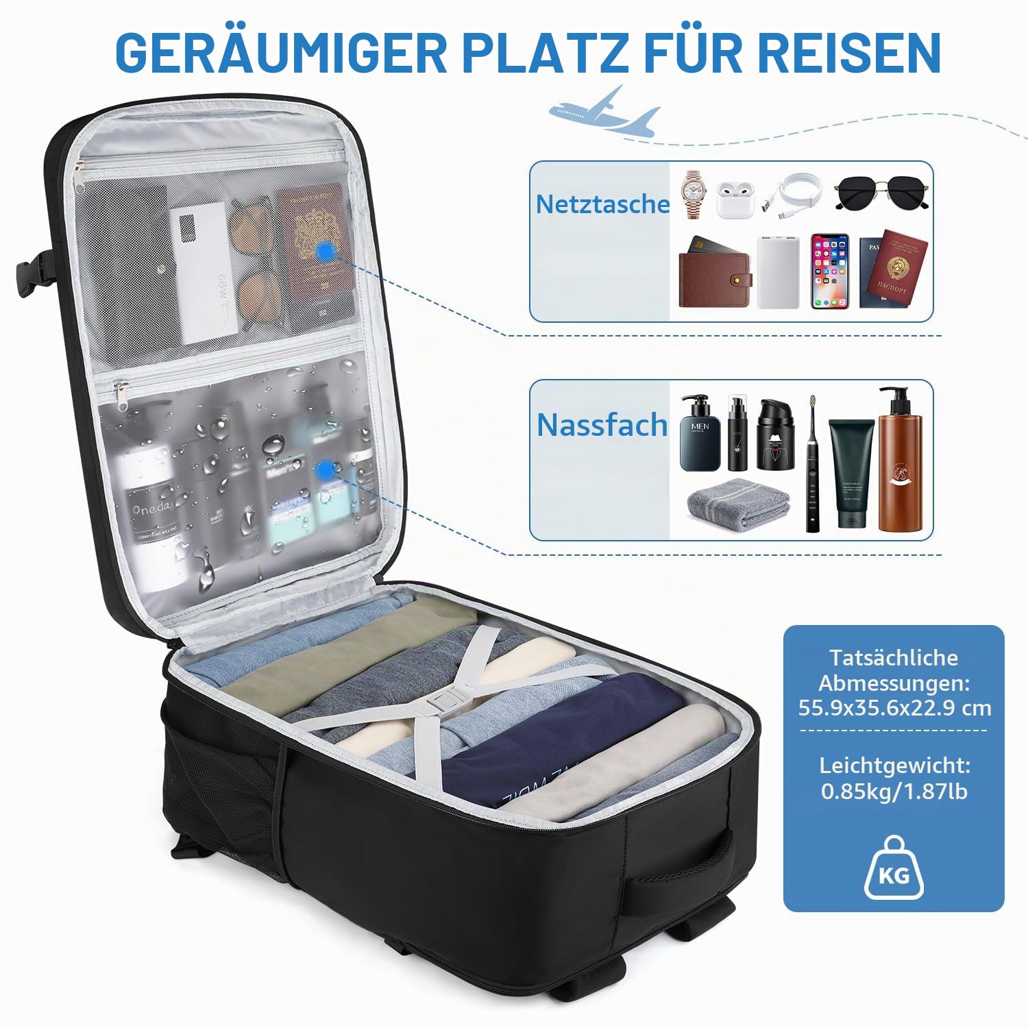 ZOMFELT Reiserucksack für Damen und Herren, 45 l Handgepäck-Rucksack, 56 x 36 x 23 cm, von Fluggesellschaften zugelassen, TSA, 15,6-Zoll-Laptop-Rucksack, persönliches Gepäckstück, Reisetasche