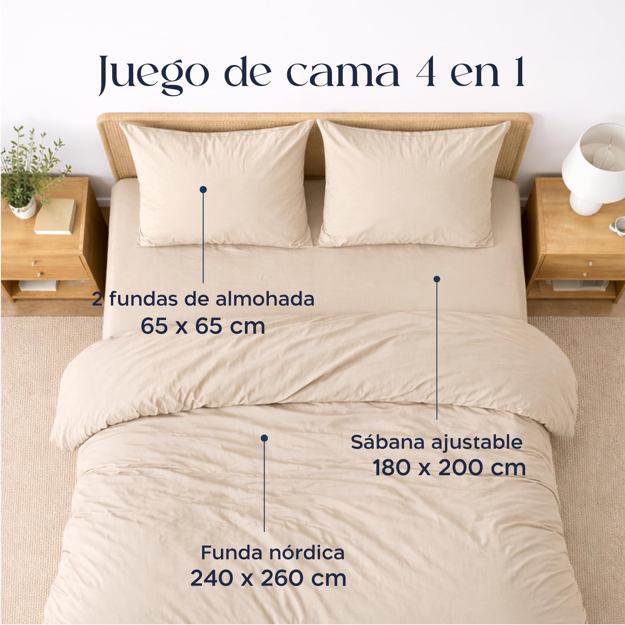 Twinzen - Parure de Lit 180x200-4 Pièces - Beige - Microfibre Douce