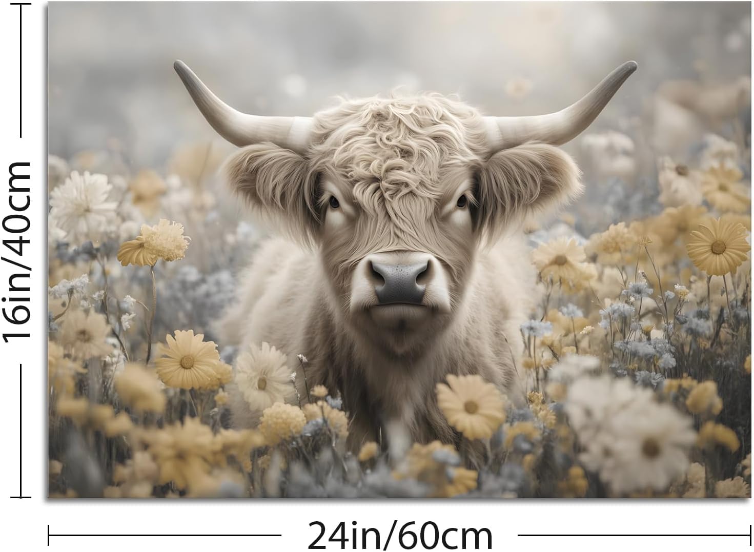 Modern Farmhouse Highland Cow Wall Art Framed 24x16 Inch Rustic Farmhouse Picture with Flowers White Highland Cattle in Daisy Field Landscape Painting for Bedroom Living Room Office Home Decor (Highland Cow 04, 24L"×16W")
