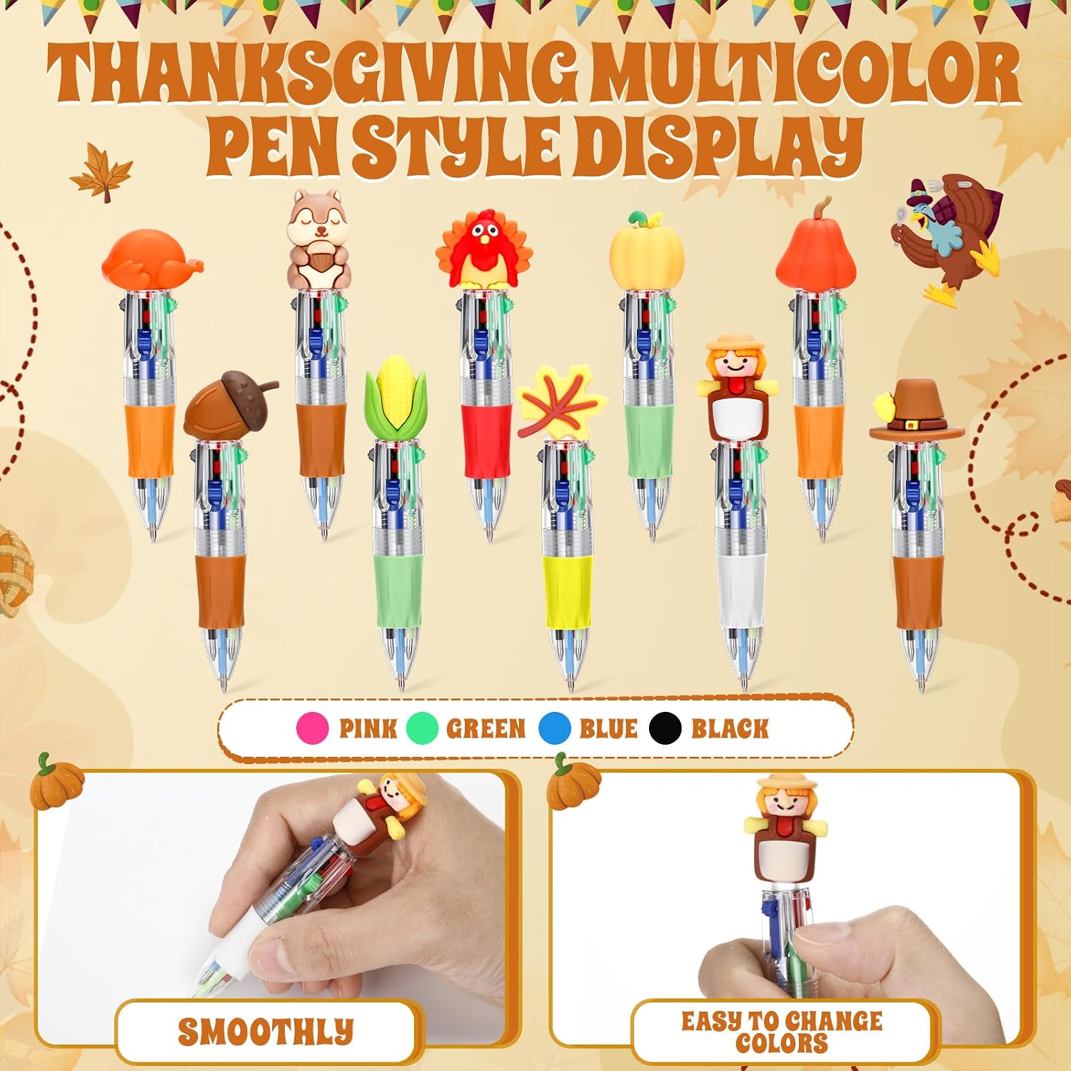 Sayglossy 100 Sets Thanksgiving Gifts Bulk Include 4-in-1 Pen Multicolor Pen Cute Autumn Pumpkin Maple Greeting Card Thanksgiving Party Favor Fall Gifts for Reward Employee Coworker