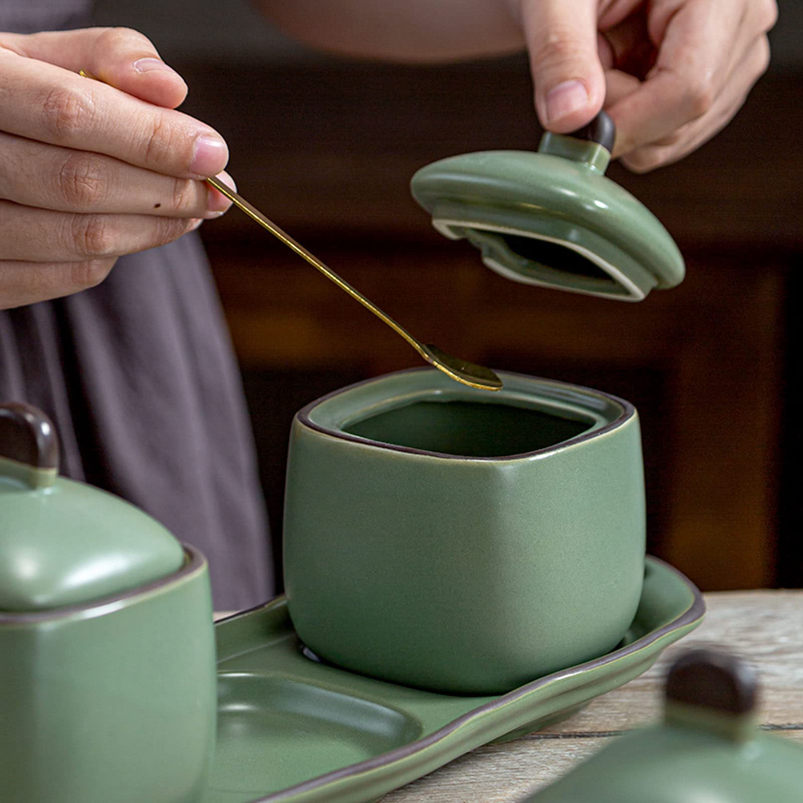 Recipientes de cerámica para condimentos, Azucarero japonés con Tapa y Cuchara, azucarero